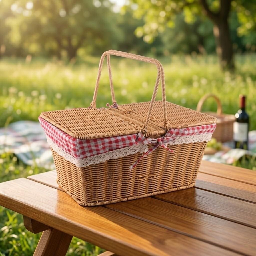 Dikdörtgen Hasır Görünümlü Piknik Sepeti Piknik Çantası 38x25x18 cm