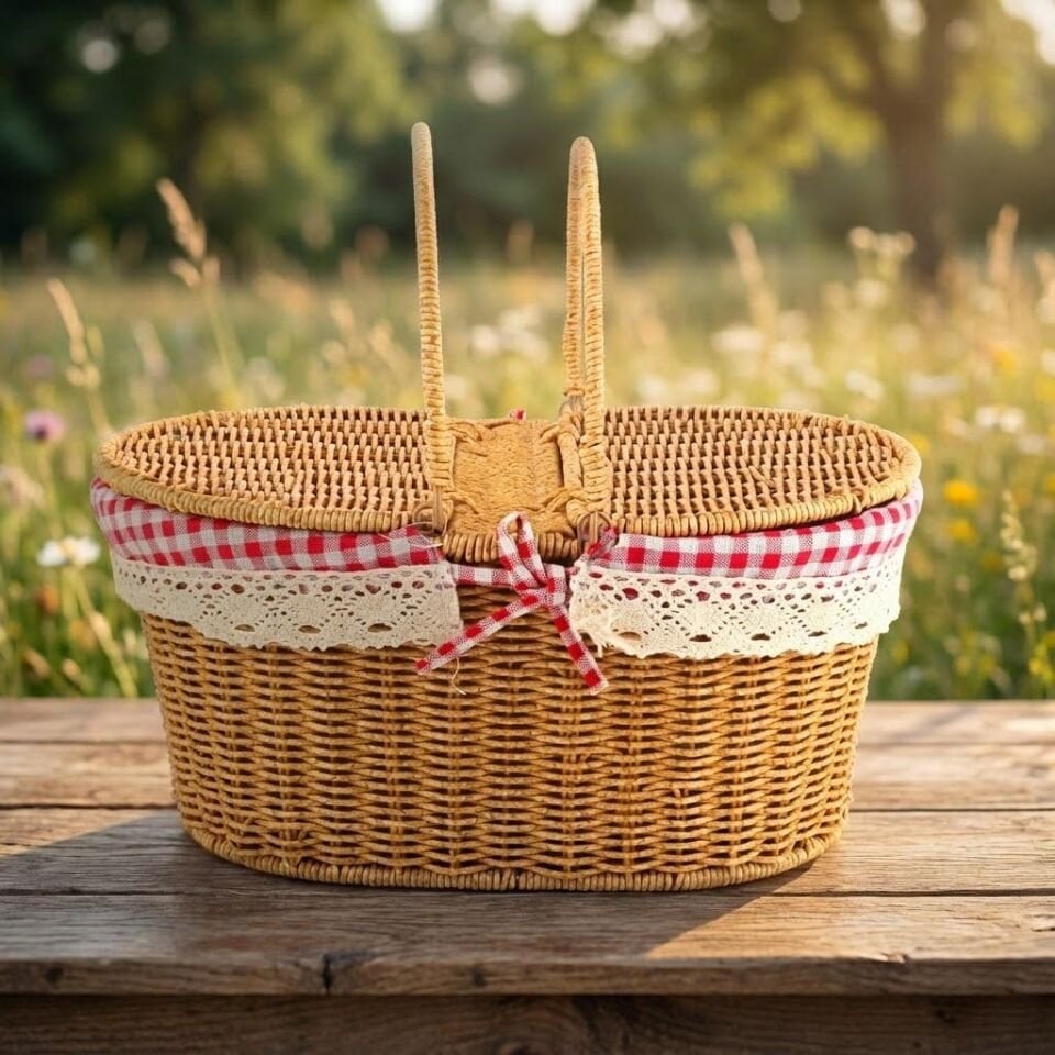 Oval Hasır Görünümlü Piknik Sepeti Piknik Çantası 38x25x18 cm