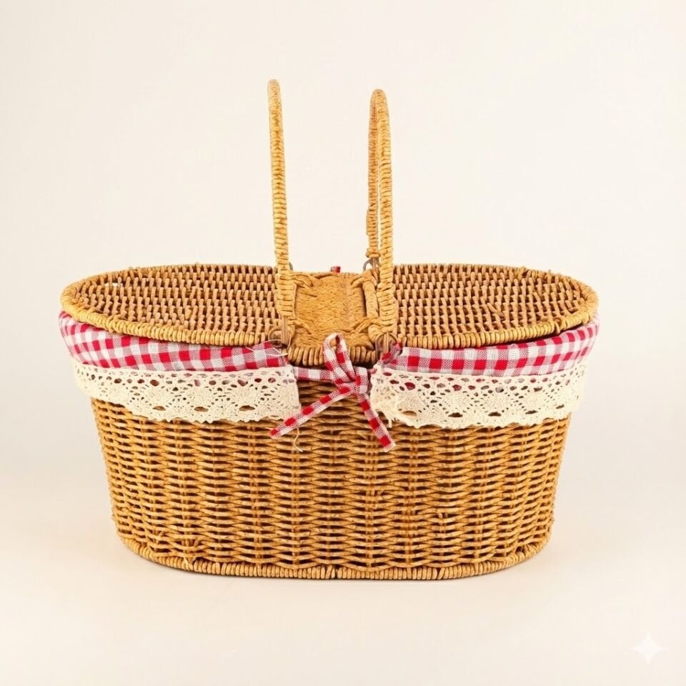 Oval Hasır Görünümlü Piknik Sepeti Piknik Çantası 38x25x18 cm