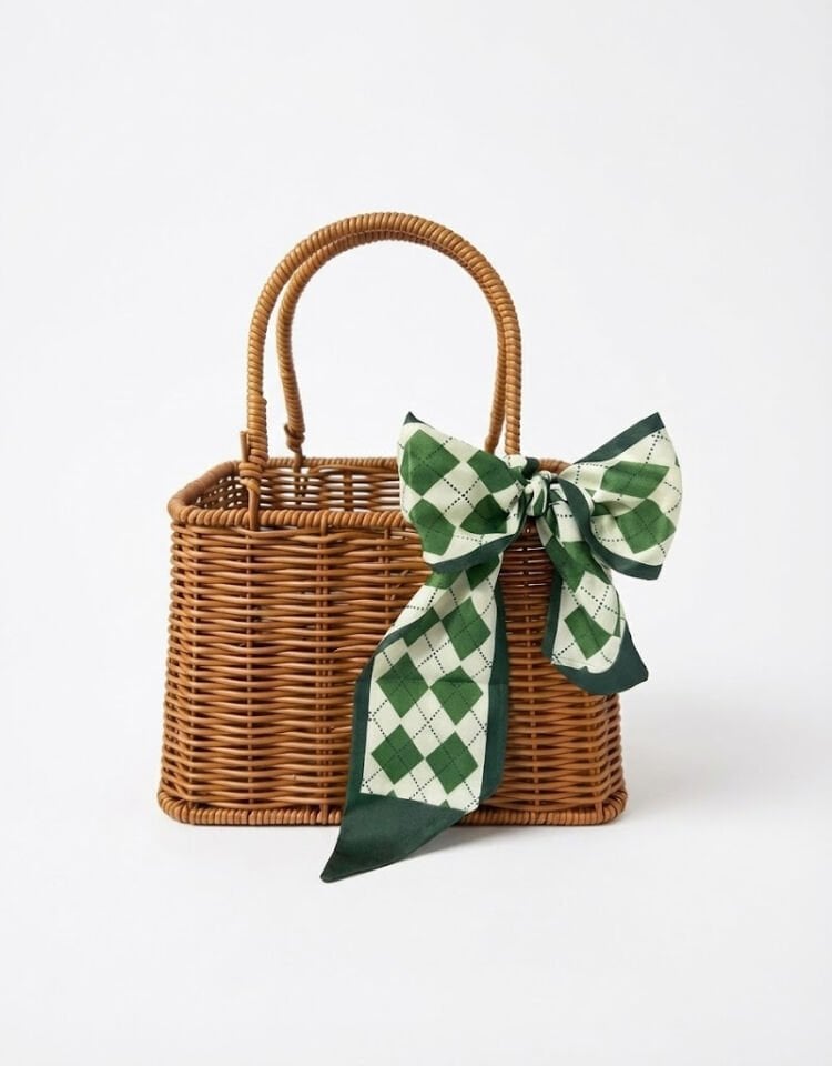 Yeşil Ekose Fularlı Hasır Sepet Çanta - Retro Örme Piknik ve Plaj Çantası