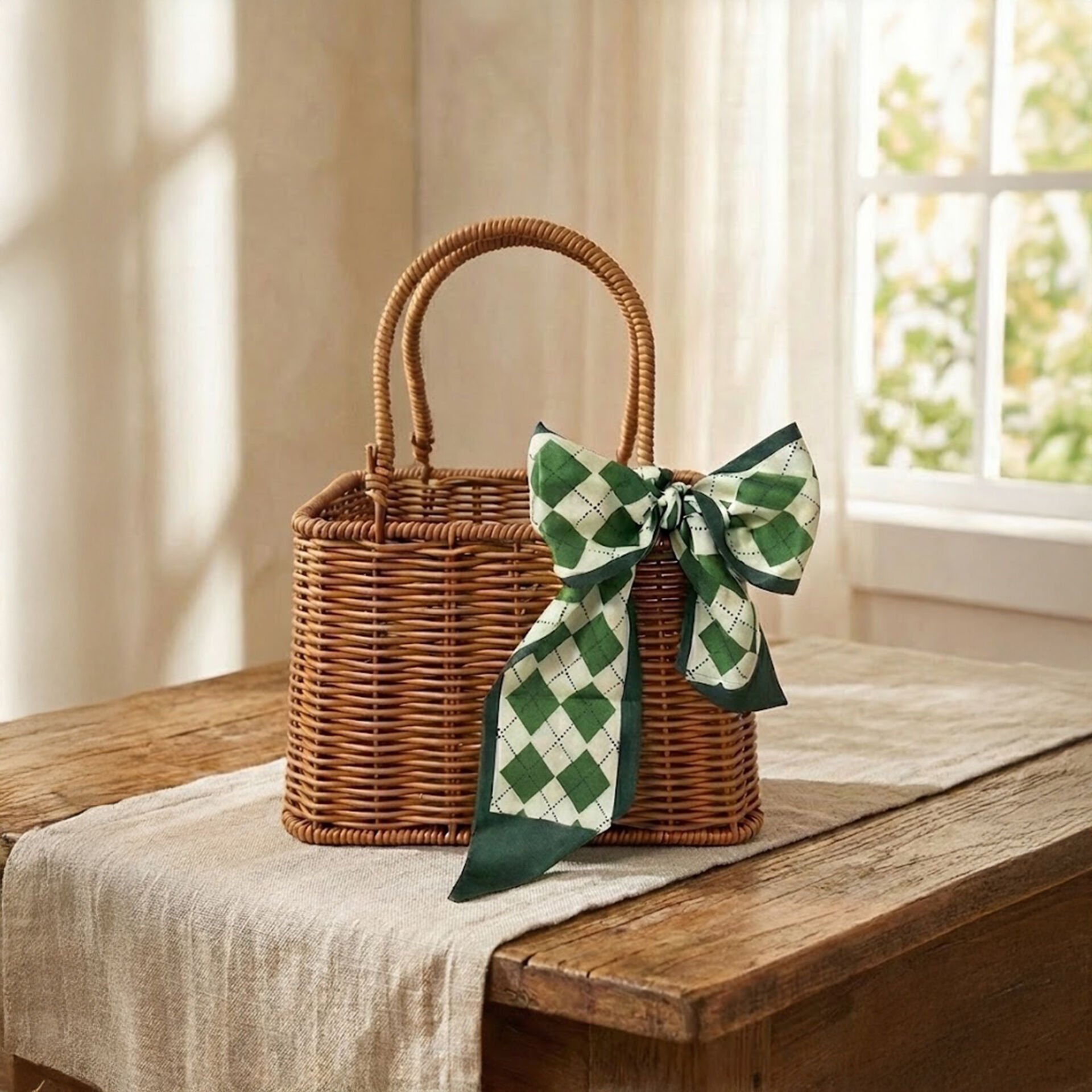Yeşil Ekose Fularlı Hasır Sepet Çanta - Retro Örme Piknik ve Plaj Çantası