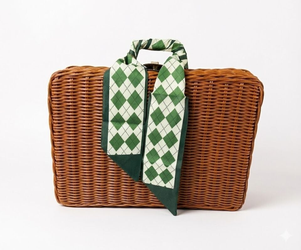 Vintage Yeşil Fularlı Hasır Retro Piknik Sepeti ve Plaj Çantası
