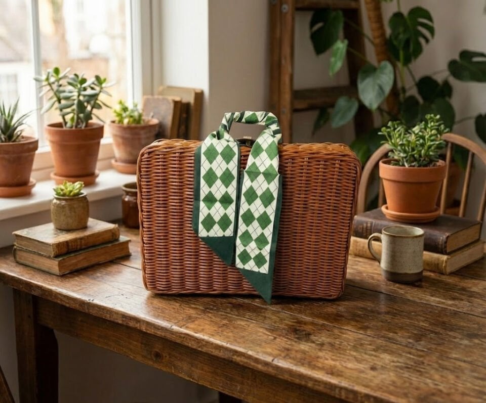 Vintage Yeşil Fularlı Hasır Retro Piknik Sepeti ve Plaj Çantası