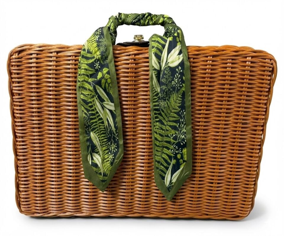 Vintage Yeşil Fularlı Hasır Retro Piknik Sepeti ve Plaj Çantası