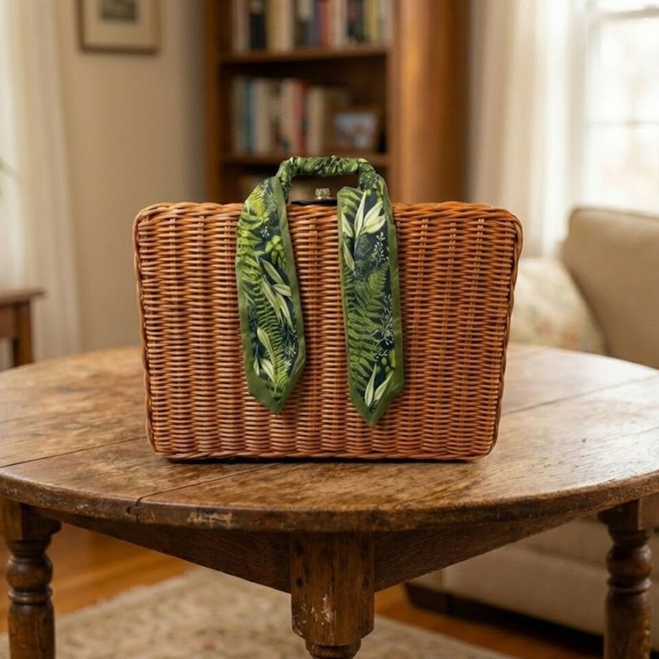 Vintage Yeşil Fularlı Hasır Retro Piknik Sepeti ve Plaj Çantası