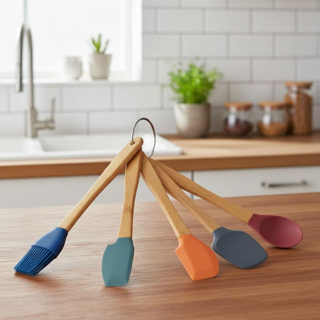 5'li Renkli Halka Askılı Bambu Saplı Yanmaz Yapışmaz Silikon Spatula Seti