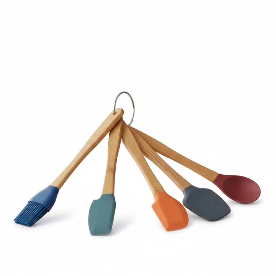 5'li Renkli Halka Askılı Bambu Saplı Yanmaz Yapışmaz Silikon Spatula Seti