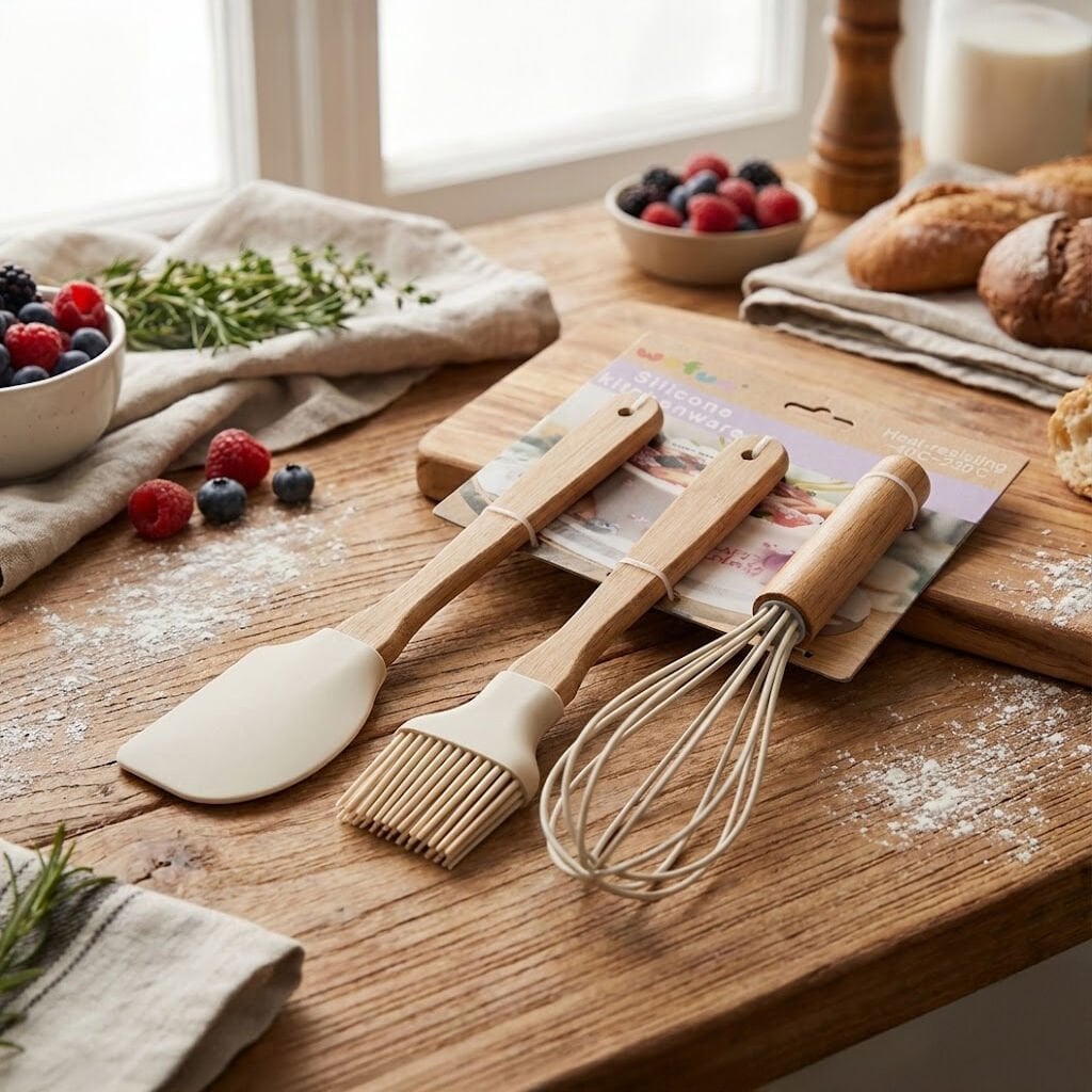 3'lü Ahşap Saplı Silikon Isıya Dayanıklı Spatula Fırça Çırpıcı Seti Mutfak Gereçleri