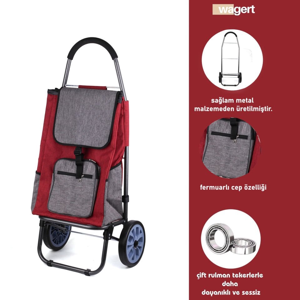 Ses Yapmaz Tekerlekli Su Geçirmez Fermuarlı Çantalı Pazar Arabası Kırmızı