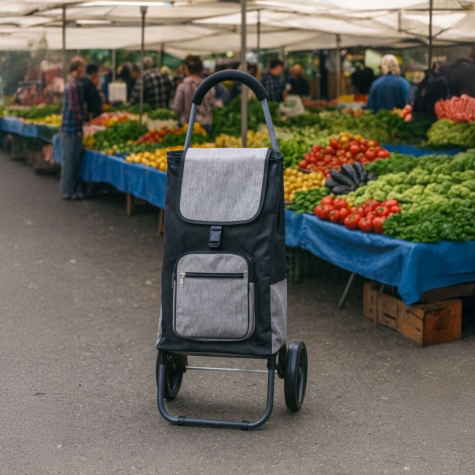 Ses Yapmaz Tekerlekli Su Geçirmez Fermuarlı Çantalı Pazar Arabası Siyah