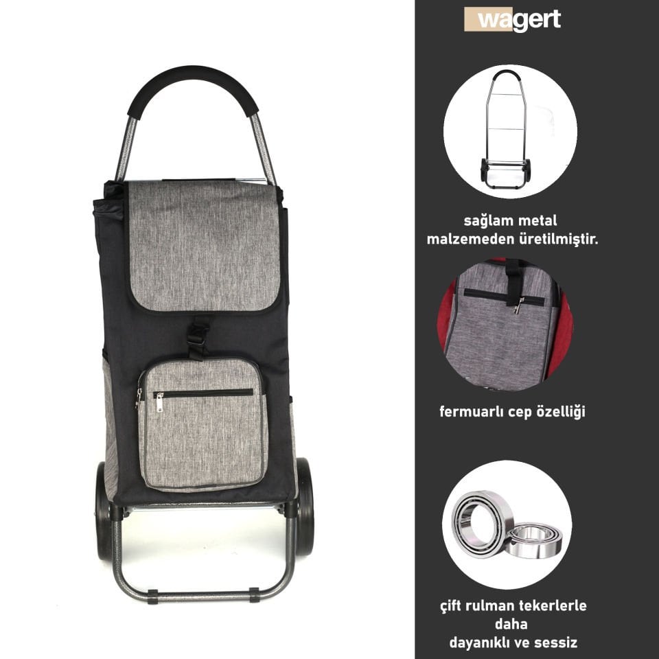 Ses Yapmaz Tekerlekli Su Geçirmez Fermuarlı Çantalı Pazar Arabası Kırmızı