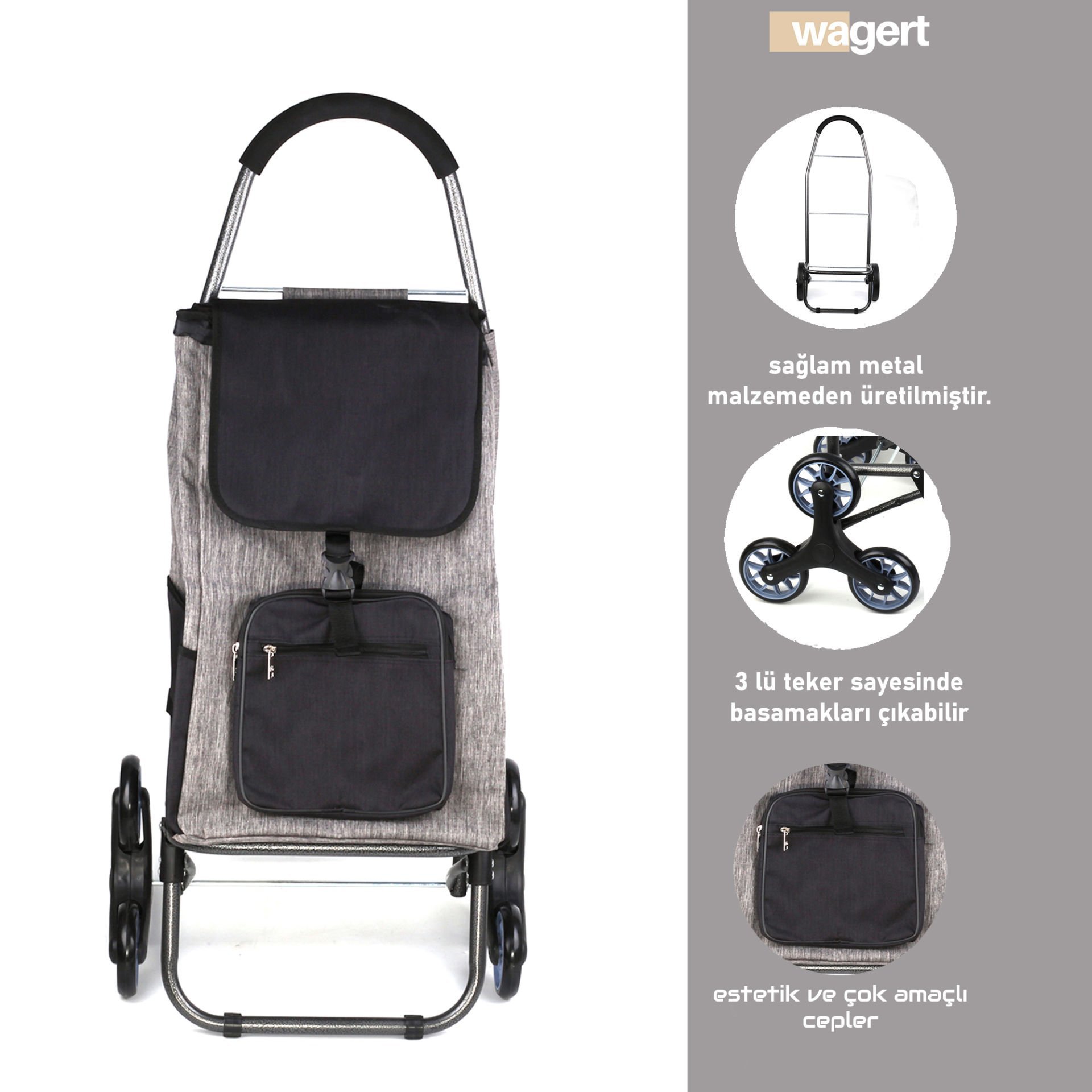 Ses Yapmaz 3 Tekerlekli Su Geçirmez Fermuarlı Çantalı Pazar Arabası Gri