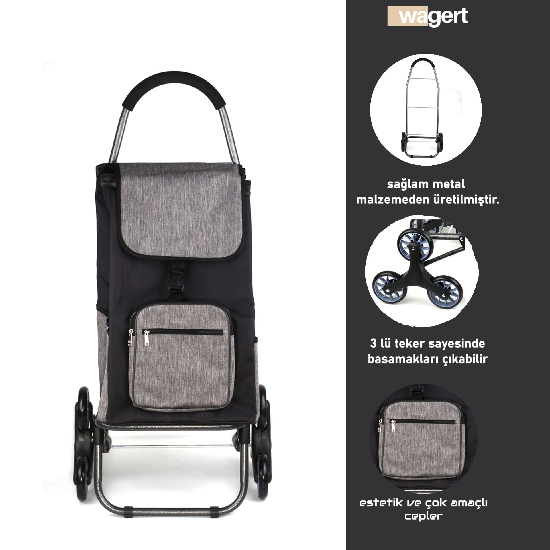 Ses Yapmaz 3 Tekerlekli Su Geçirmez Fermuarlı Çantalı Pazar Arabası Siyah