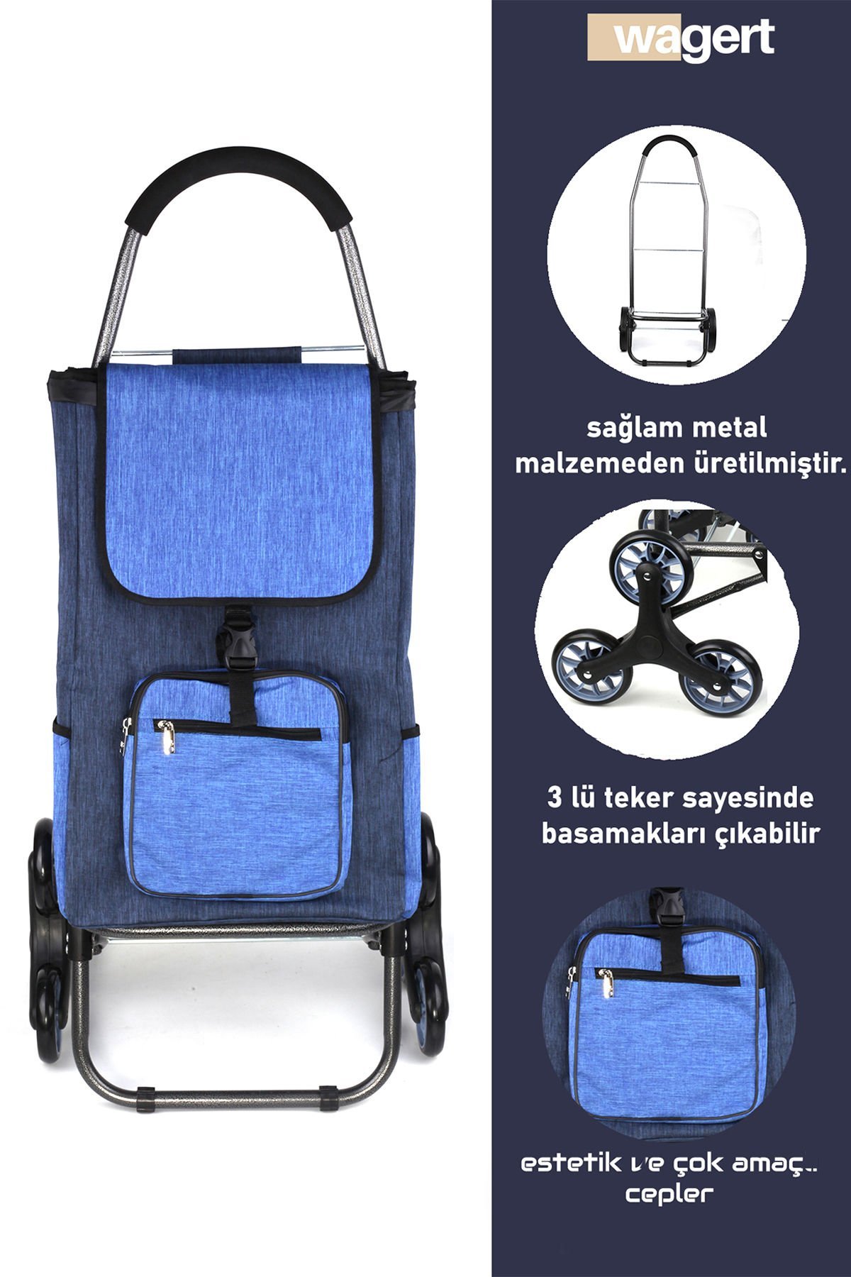 Ses Yapmaz 3 Tekerlekli Su Geçirmez Fermuarlı Çantalı Pazar Arabası Mavi