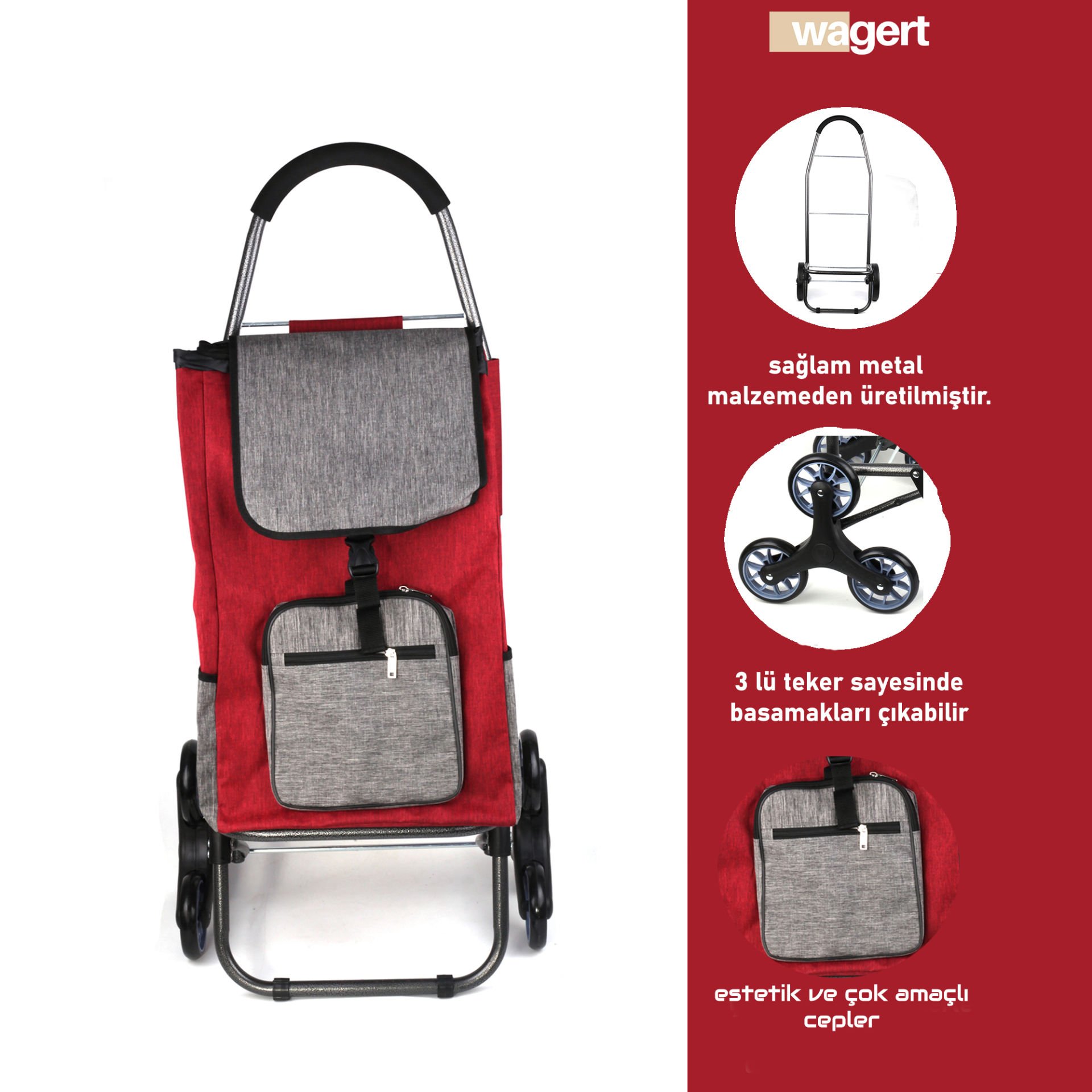 Ses Yapmaz 3 Tekerlekli Su Geçirmez Fermuarlı Çantalı Pazar Arabası Kırmızı