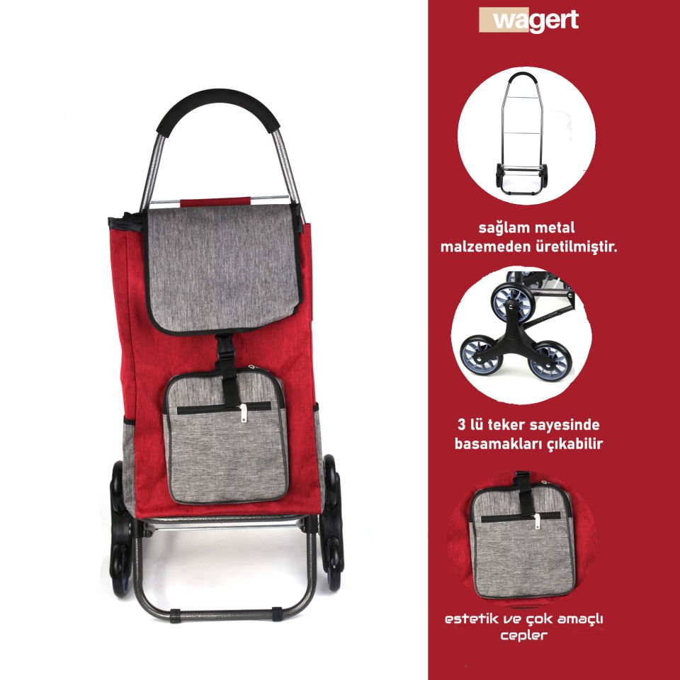 Ses Yapmaz 3 Tekerlekli Su Geçirmez Fermuarlı Çantalı Pazar Arabası Kırmızı