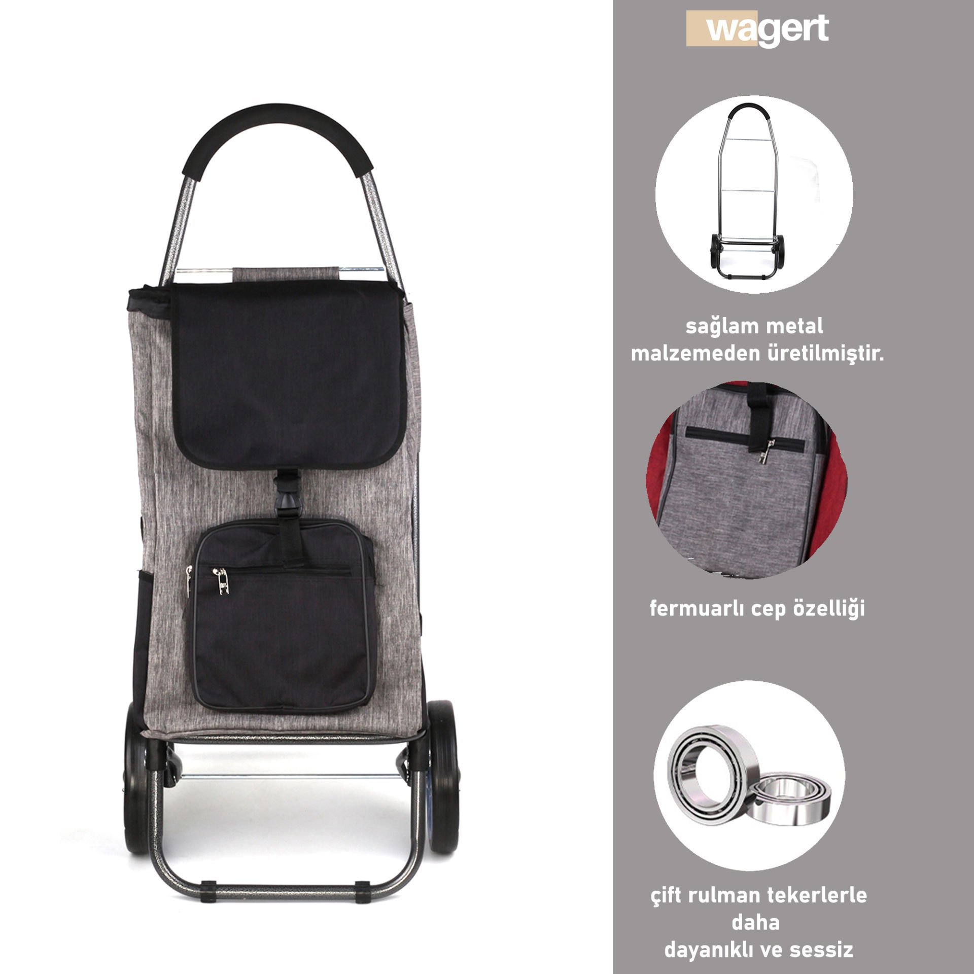 Ses Yapmaz Tekerlekli Su Geçirmez Fermuarlı Çantalı Pazar Arabası Gri