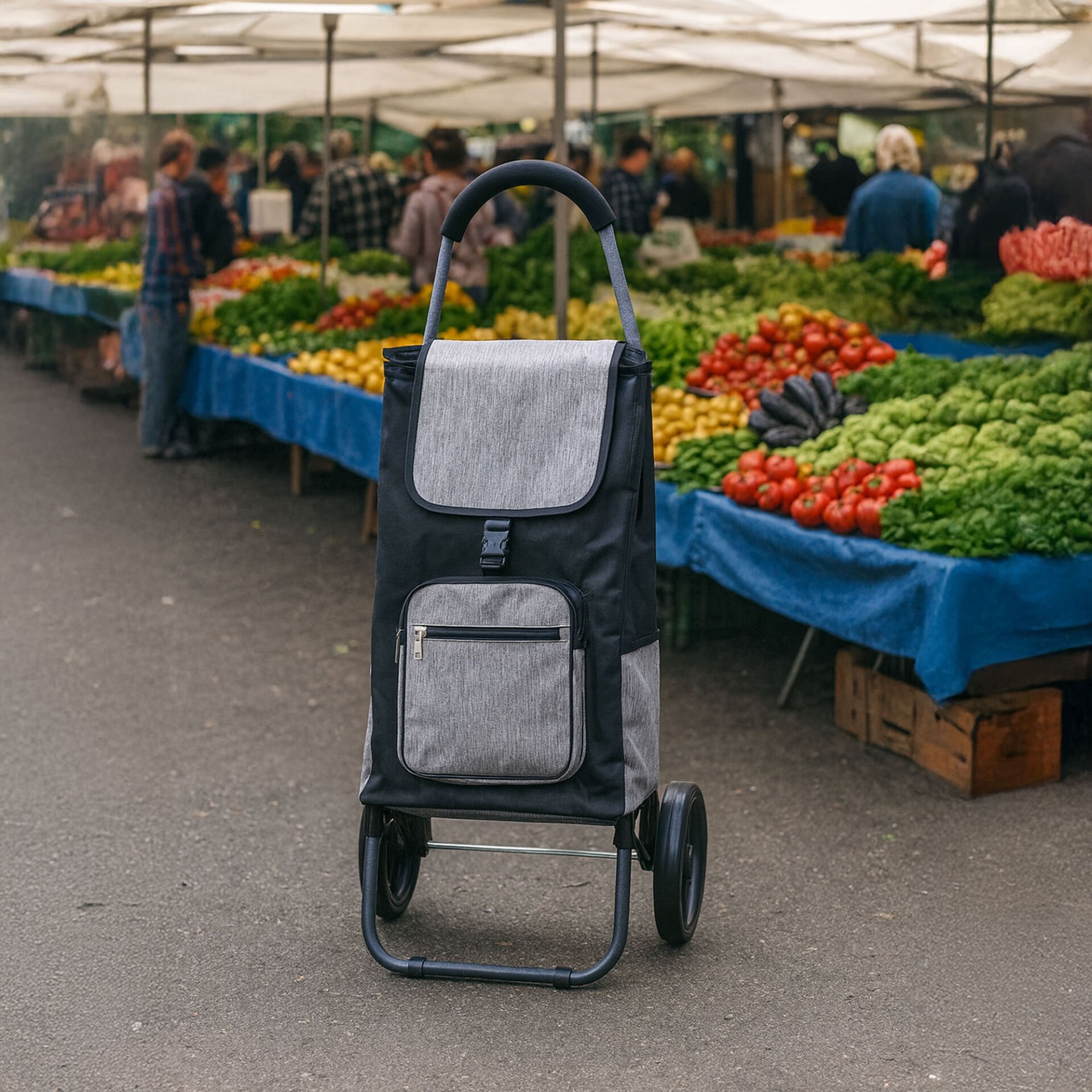 Ses Yapmaz Tekerlekli Su Geçirmez Fermuarlı Çantalı Pazar Arabası Siyah