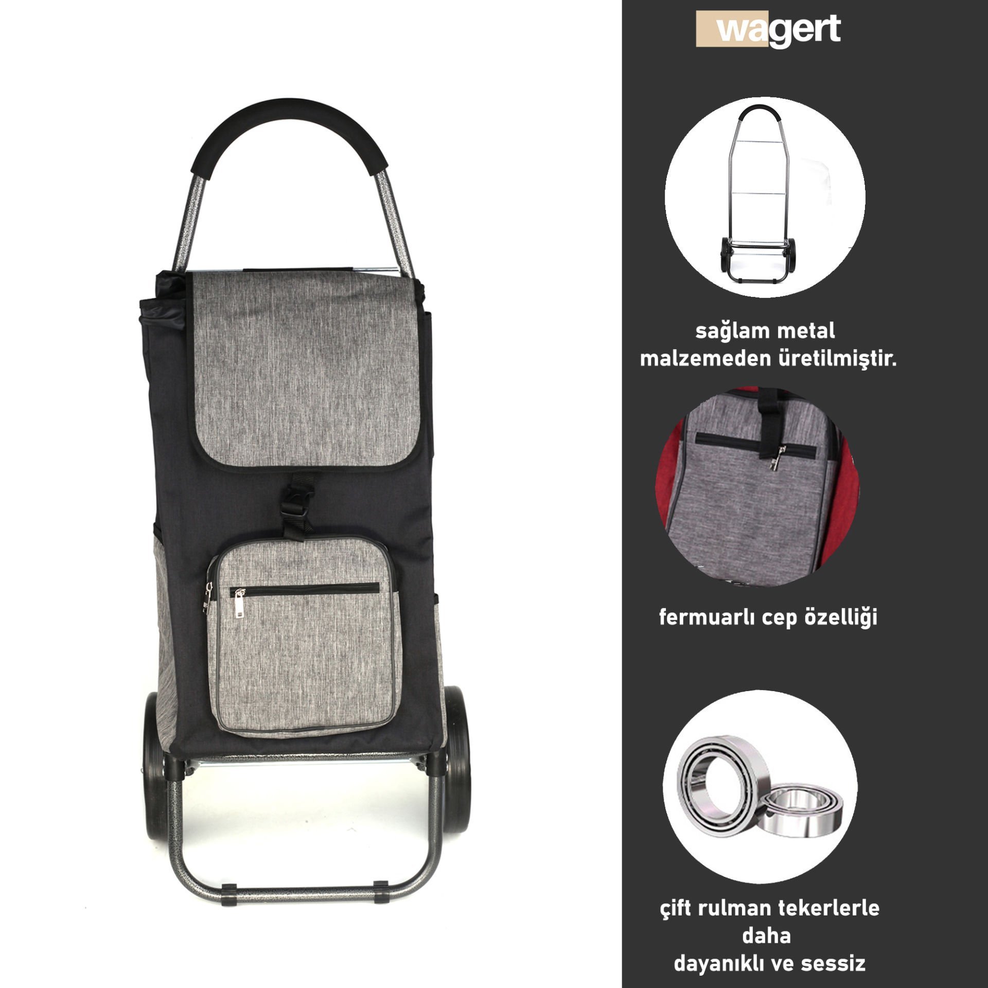 Ses Yapmaz Tekerlekli Su Geçirmez Fermuarlı Çantalı Pazar Arabası Siyah