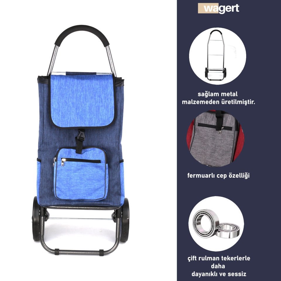 Ses Yapmaz Tekerlekli Su Geçirmez Fermuarlı Çantalı Pazar Arabası Mavi