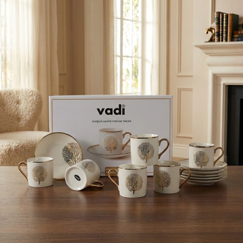 Hayat Ağacı Desenli 6 Kişilik Porselen Kahve Fincanı Takımı Gold
