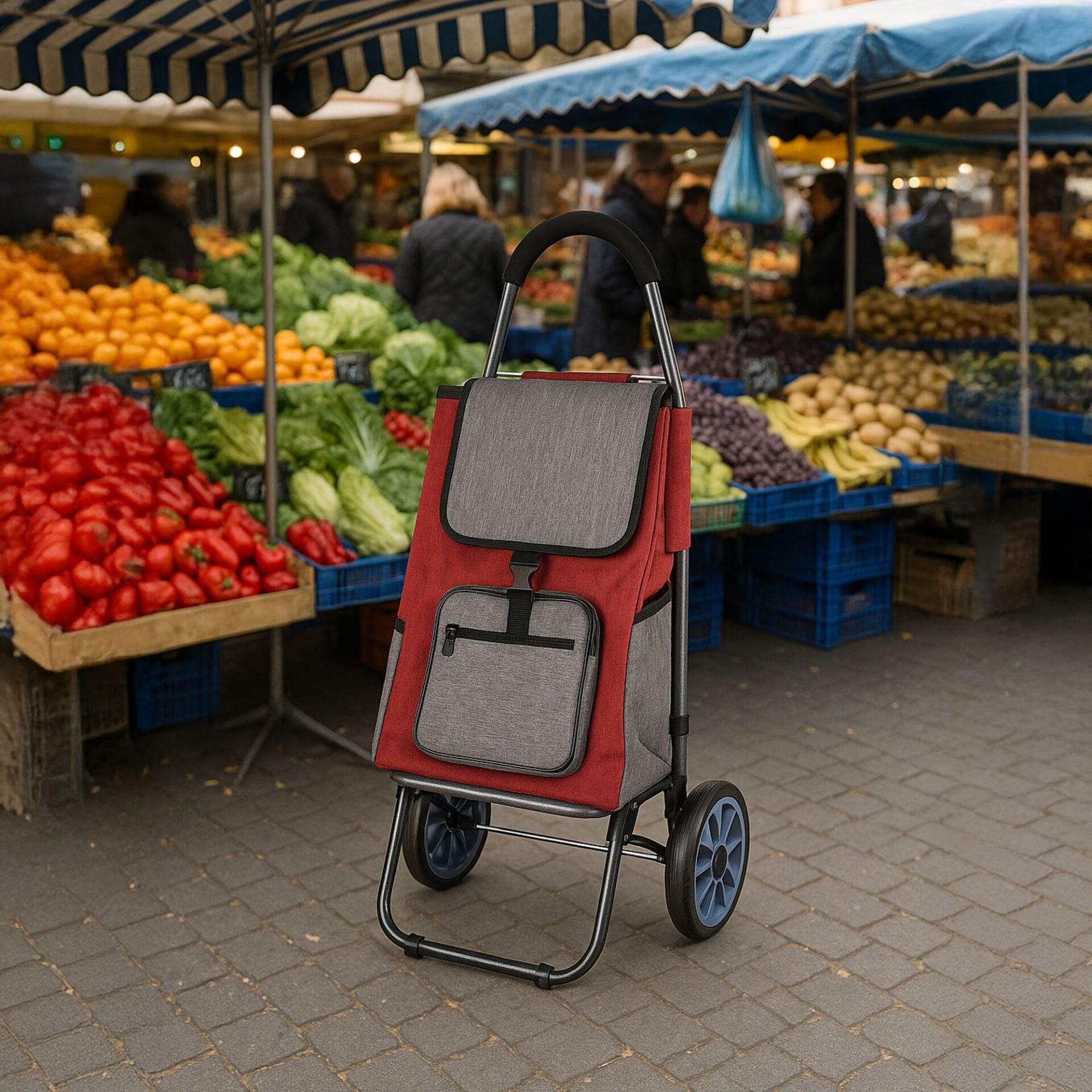 Ses Yapmaz Tekerlekli Su Geçirmez Fermuarlı Çantalı Pazar Arabası Kırmızı