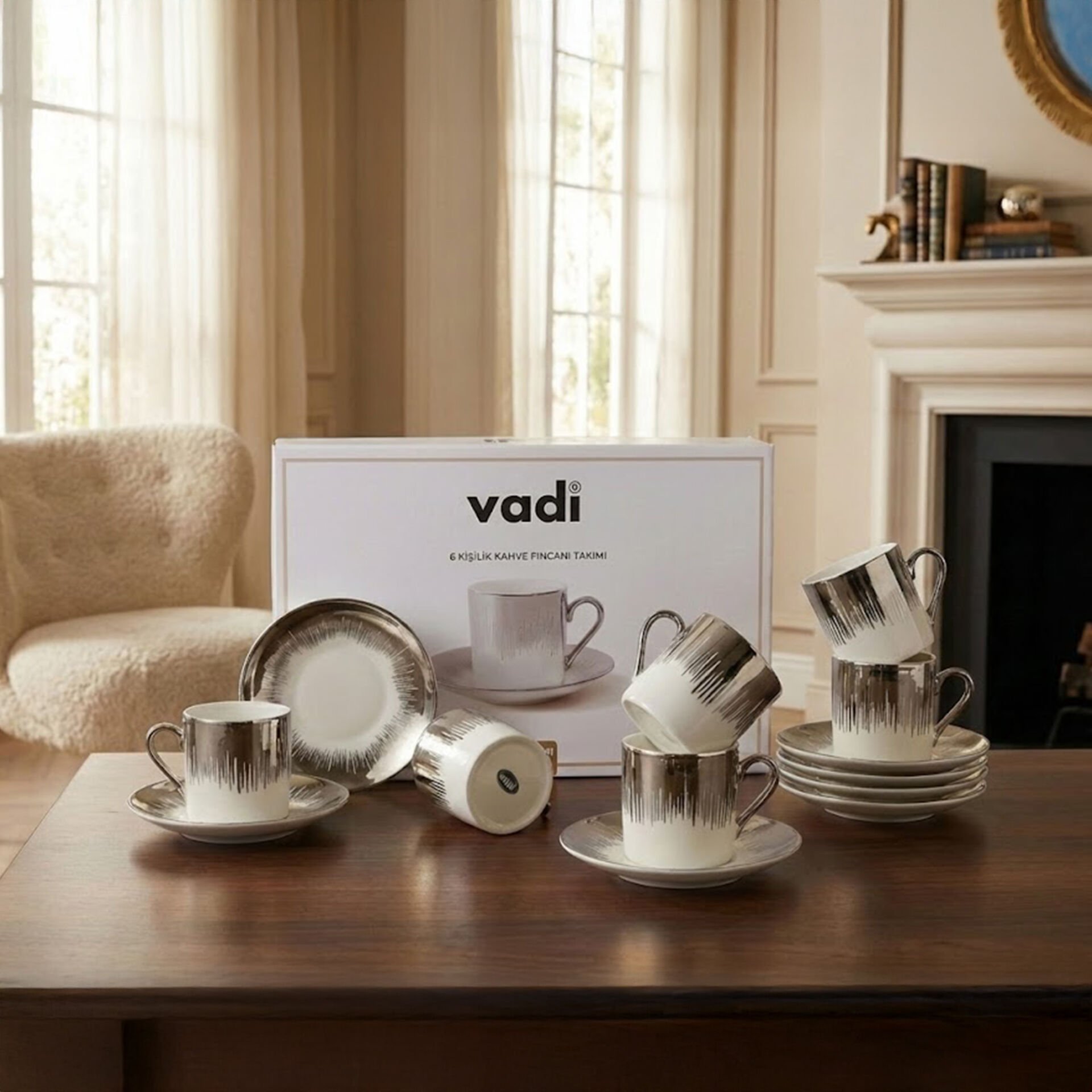 6 Kişilik Porselen Kahve Fincanı Takımı Lüks Gümüş