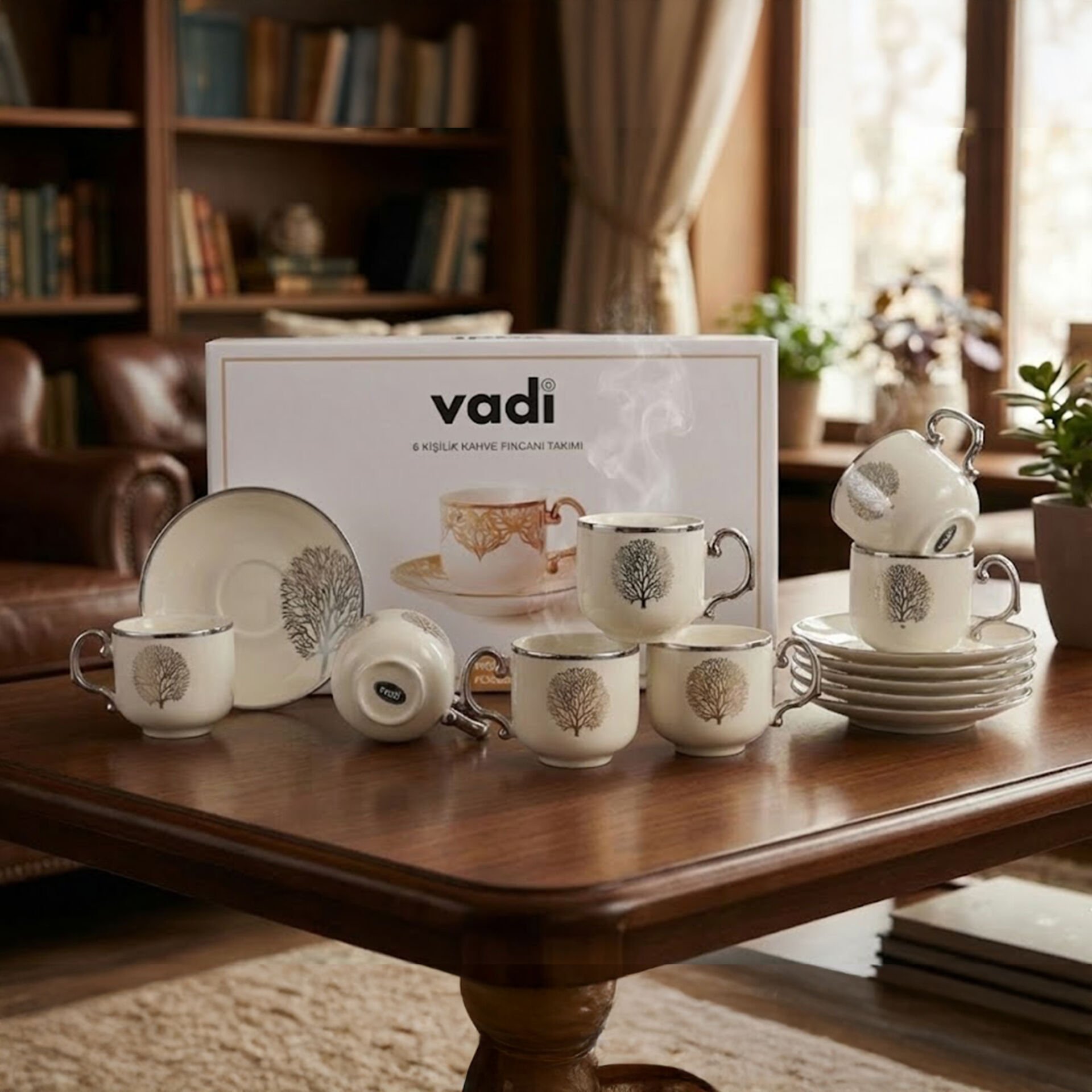 Hayat Ağacı Desenli 6 Kişilik Porselen Kahve Fincanı Takımı Gümüş
