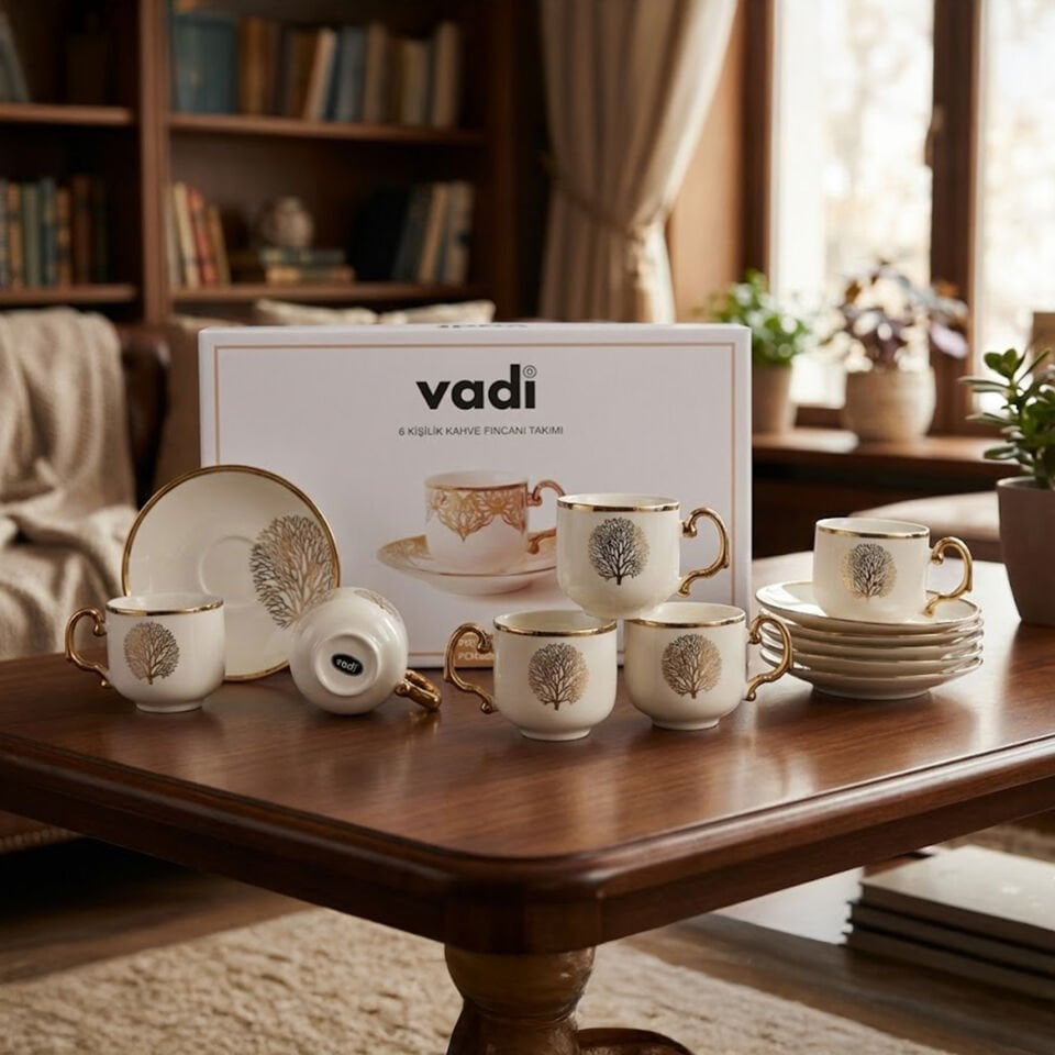 Hayat Ağacı Desenli 6 Kişilik Porselen Kahve Fincanı Takımı  Gold