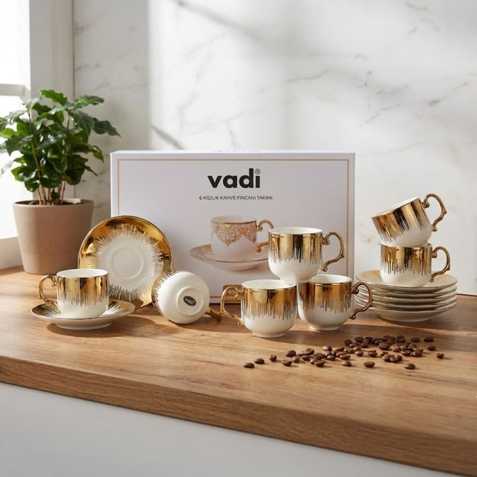 Yaldızlı 6 Kişilik Lüks Porselen Kahve Fincanı Lüks Takımı Gold