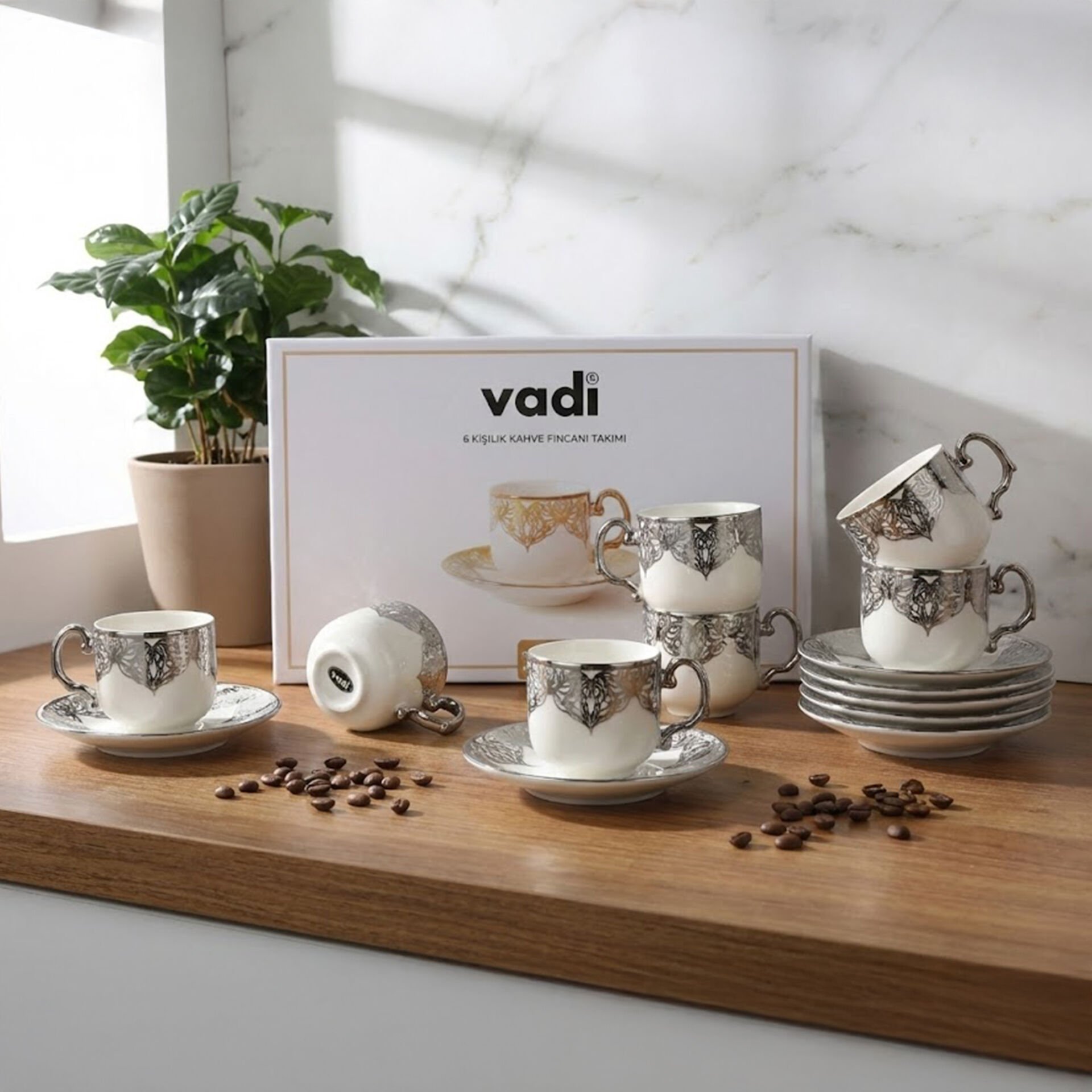 Desenli Porselen Kahve Fincanı Takımı 6 Kişilik Gümüş