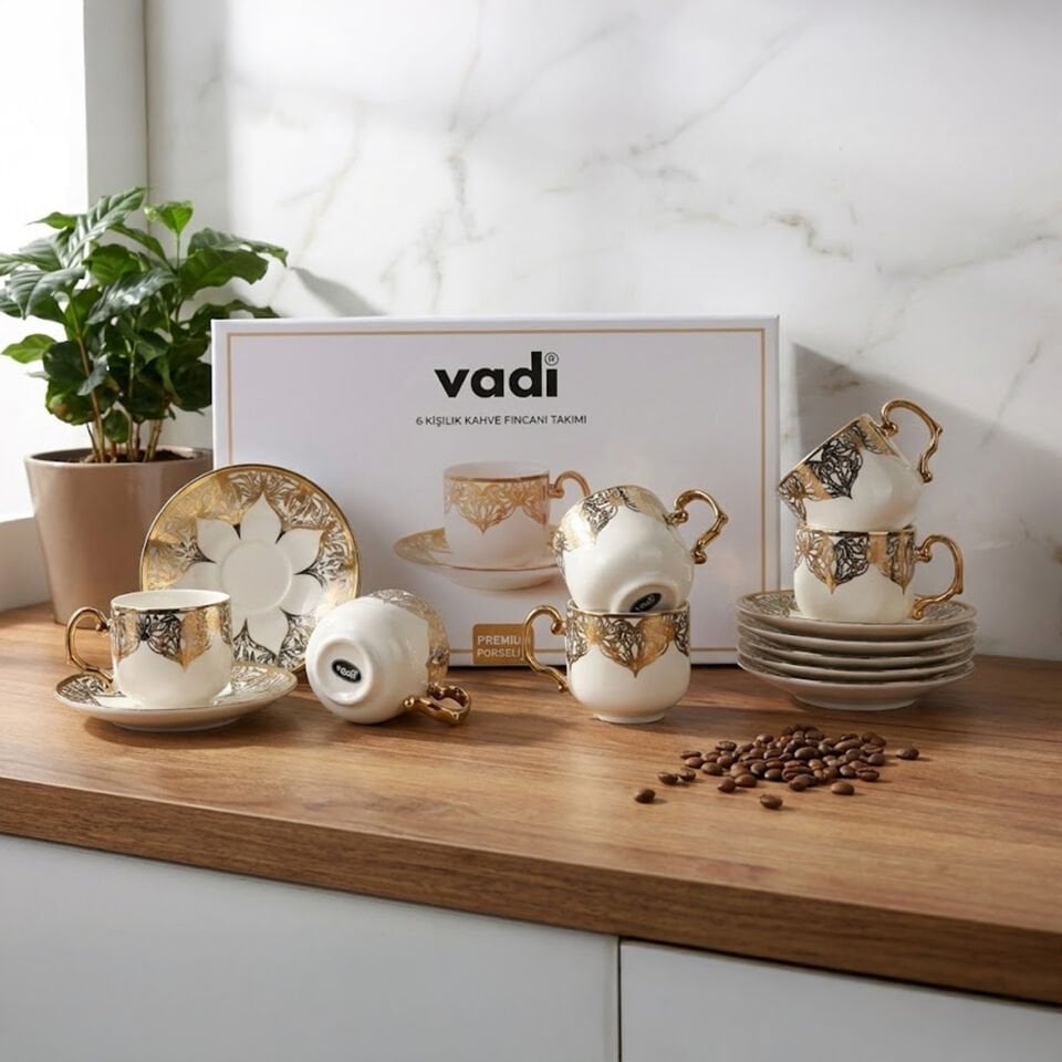 Desenli Porselen Kahve Fincanı Takımı 6 Kişilik Gold