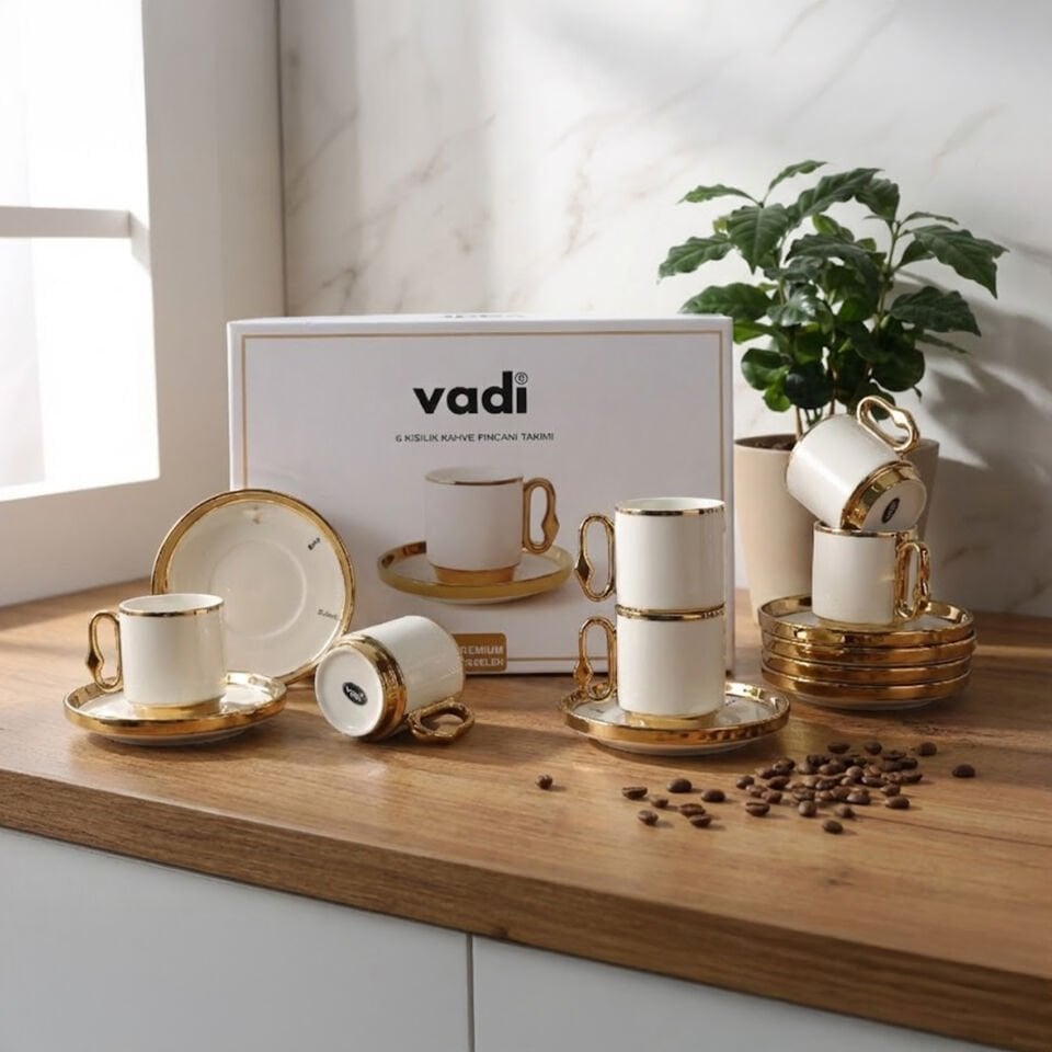 Modern Tasarımlı Porselen Kahve Fincan Seti 6 Kişilik Gold