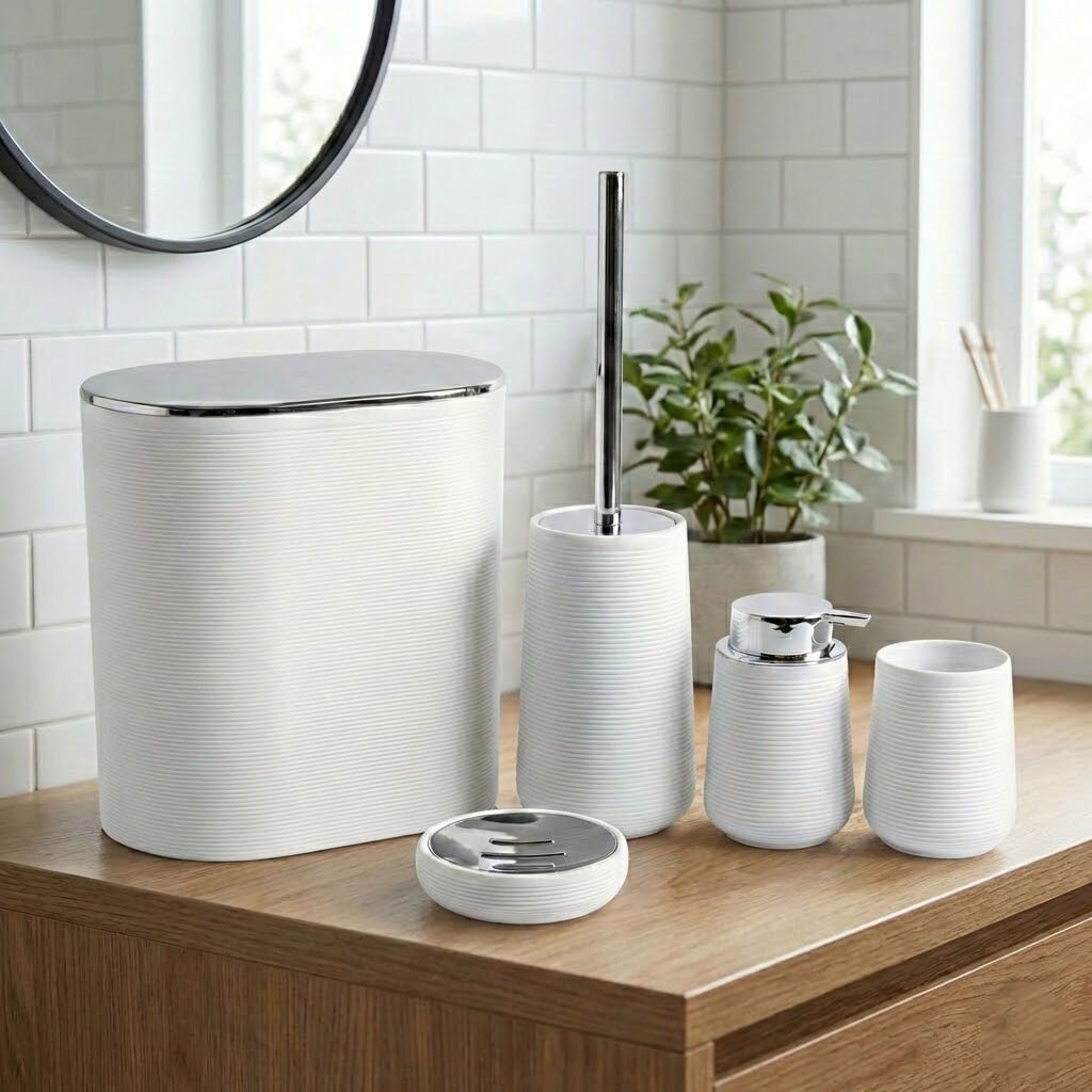 Modern Çizgili Banyo Aksesuar Seti 5 Parça Beyaz