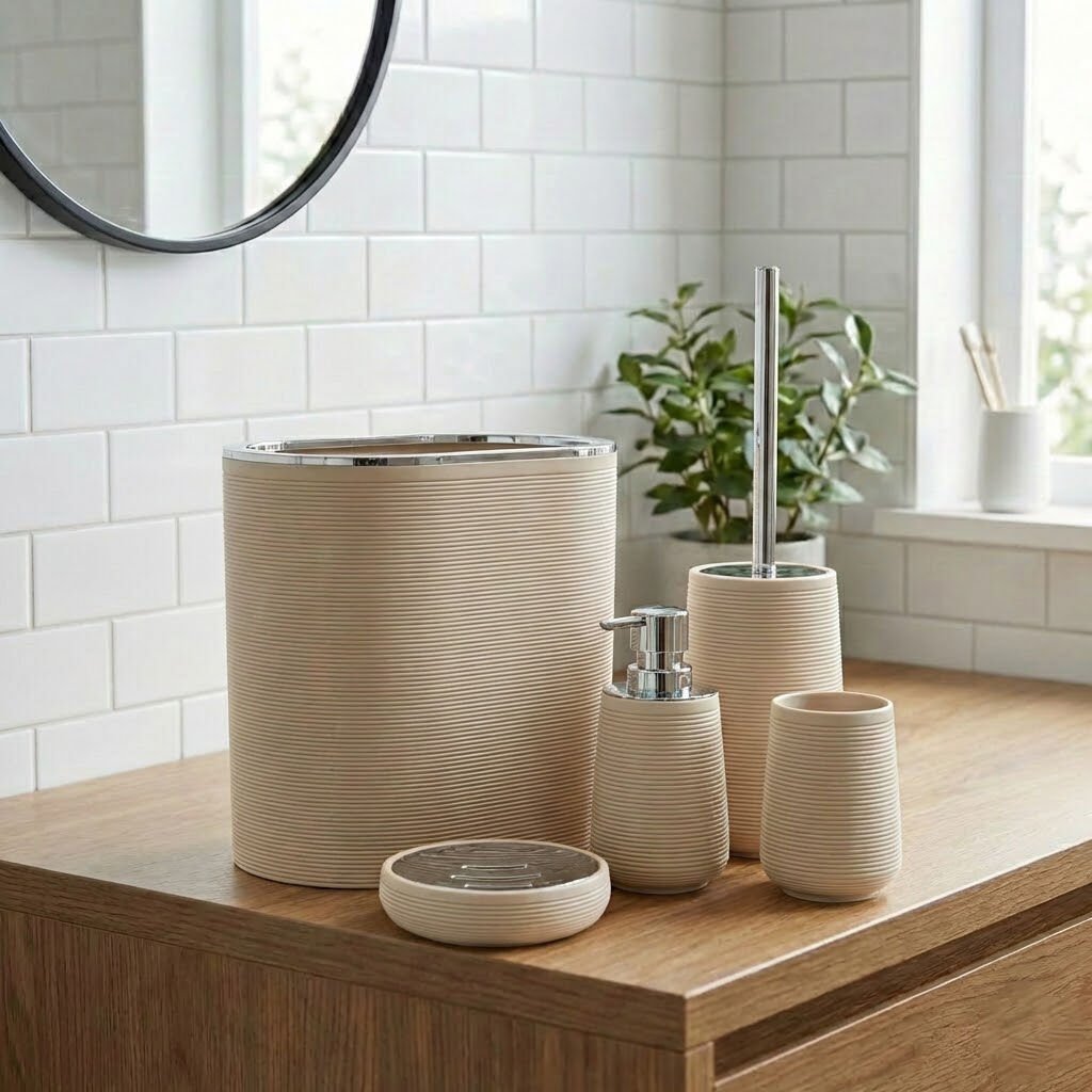 Modern Çizgili Banyo Aksesuar Seti 5 Parça Krem