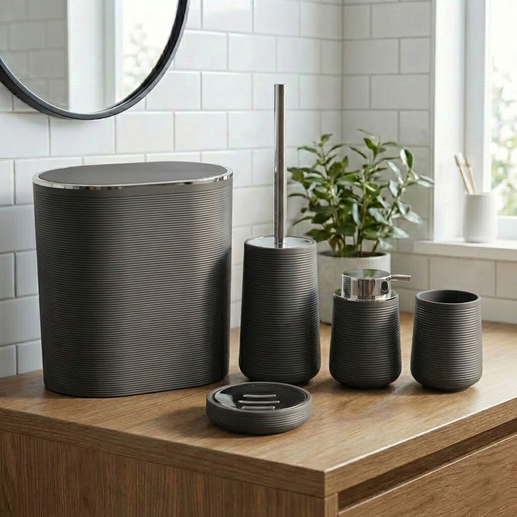 Modern Çizgili Banyo Aksesuar Seti 5 Parça Gri