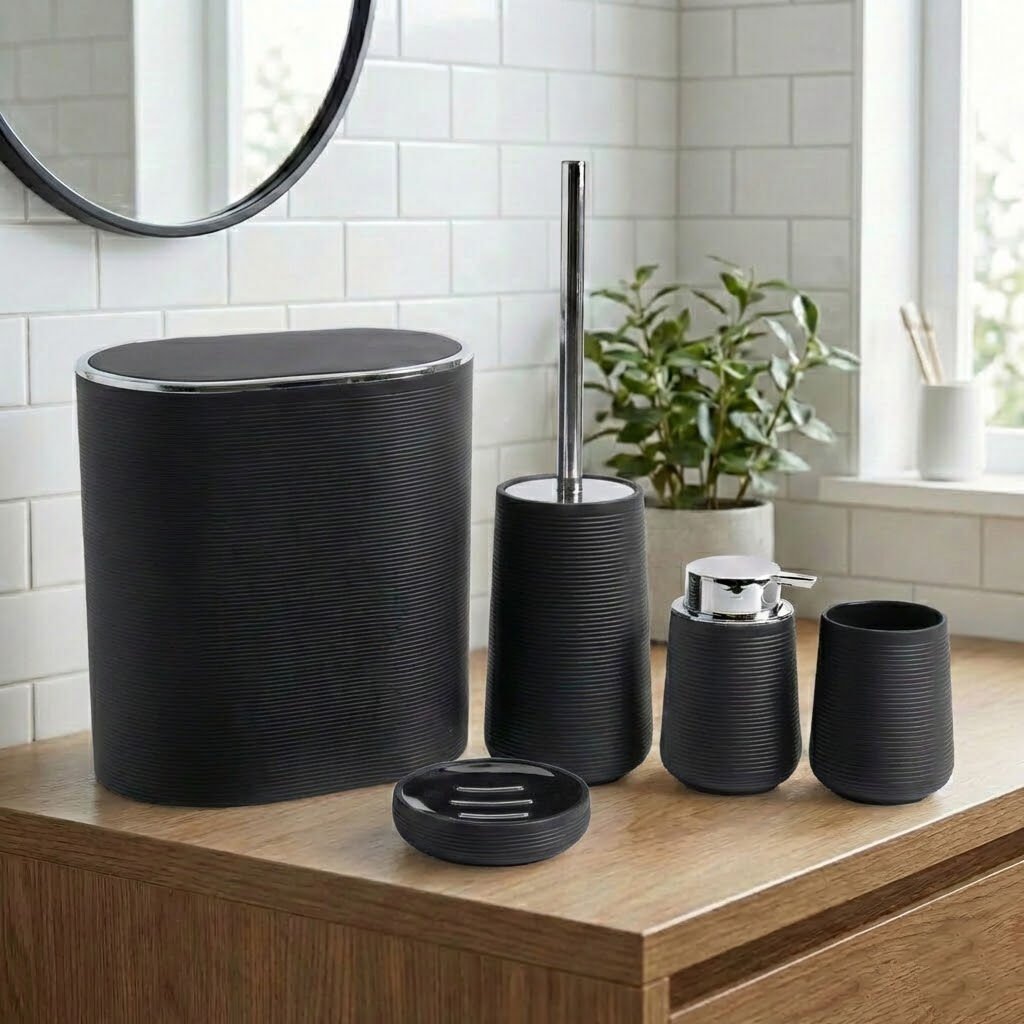 Modern Çizgili Banyo Aksesuar Seti 5 Parça Siyah