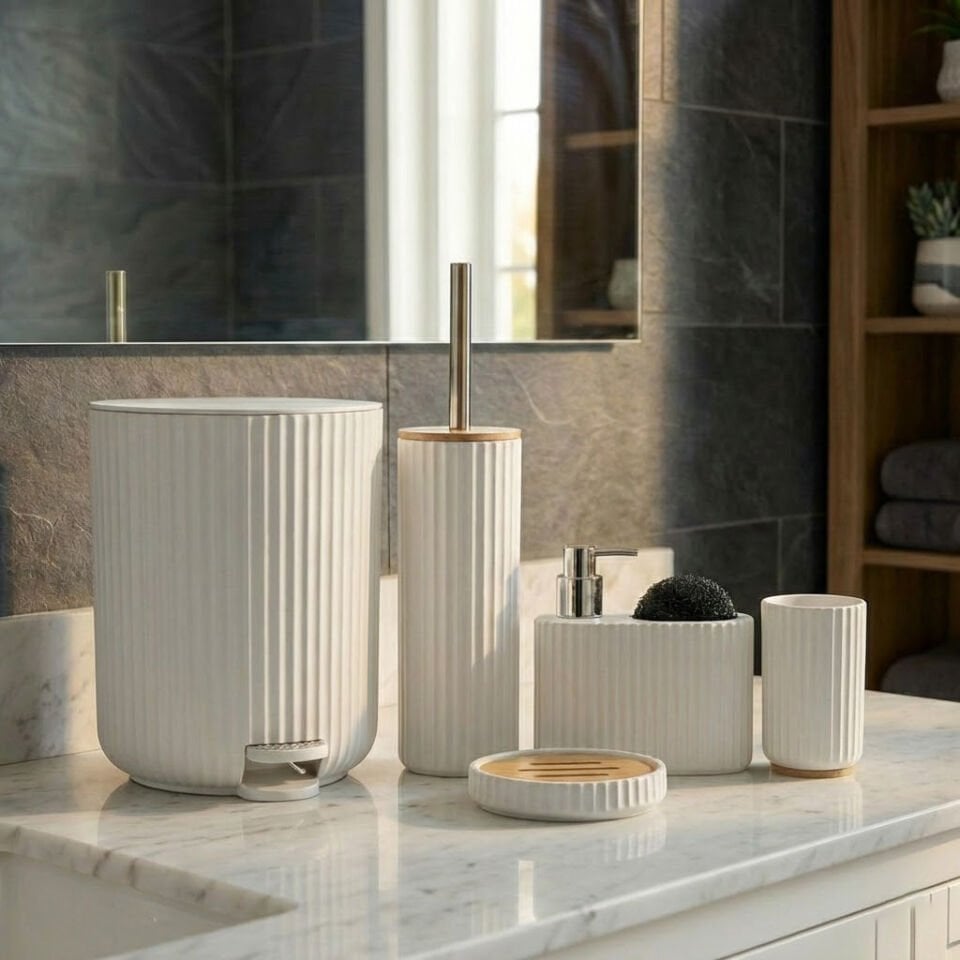 Modern Çizgili Banyo Aksesuar Seti 5 Parça Beyaz