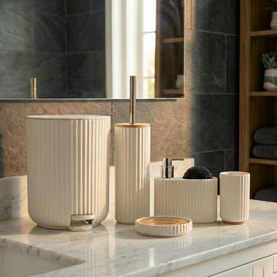 Modern Çizgili Banyo Aksesuar Seti 5 Parça Krem