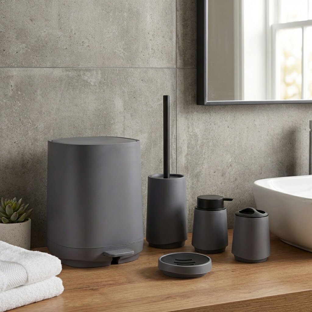 Olivia Soft Dokulu 5 Parça Modern Akrilik Banyo Seti Gri