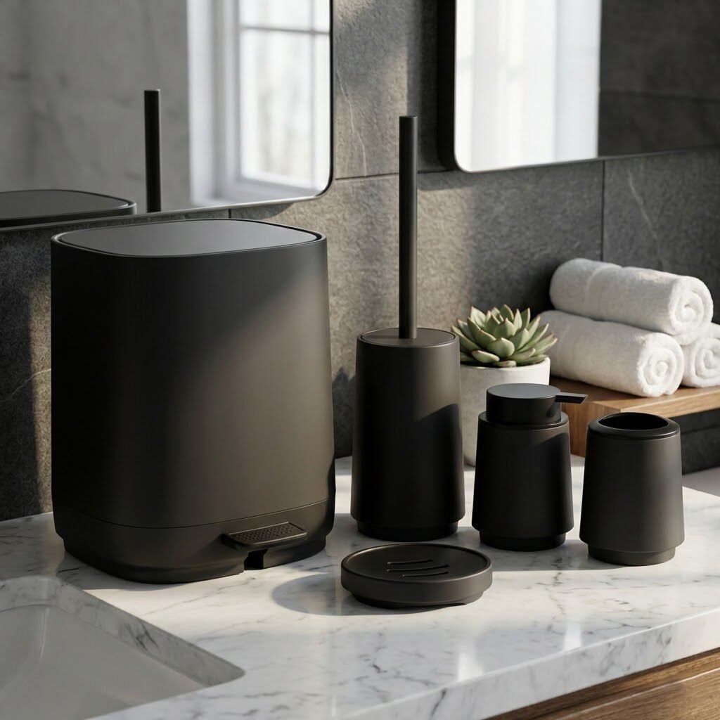 Olivia Soft Dokulu 5 Parça Modern Akrilik Banyo Seti Siyah