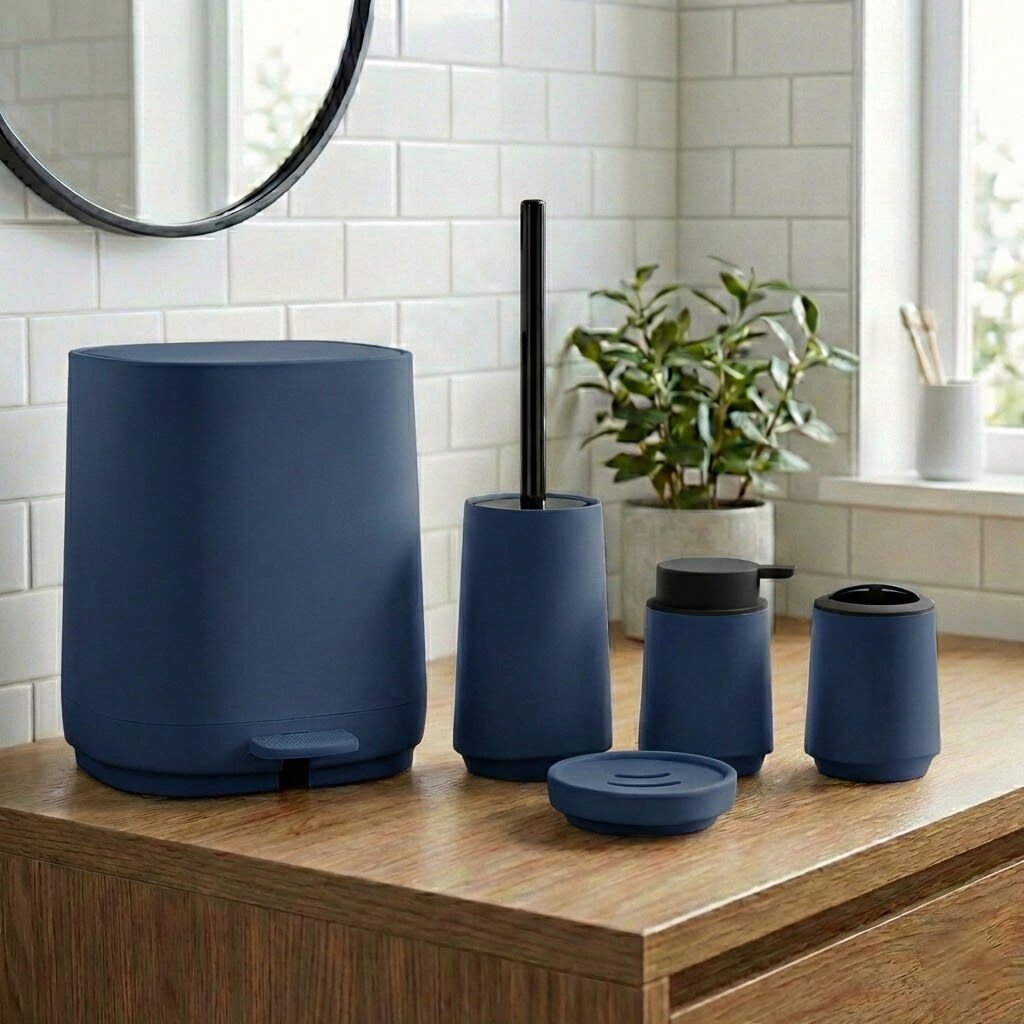 Olivia Soft Dokulu 5 Parça Modern Akrilik Banyo Seti Lacivert