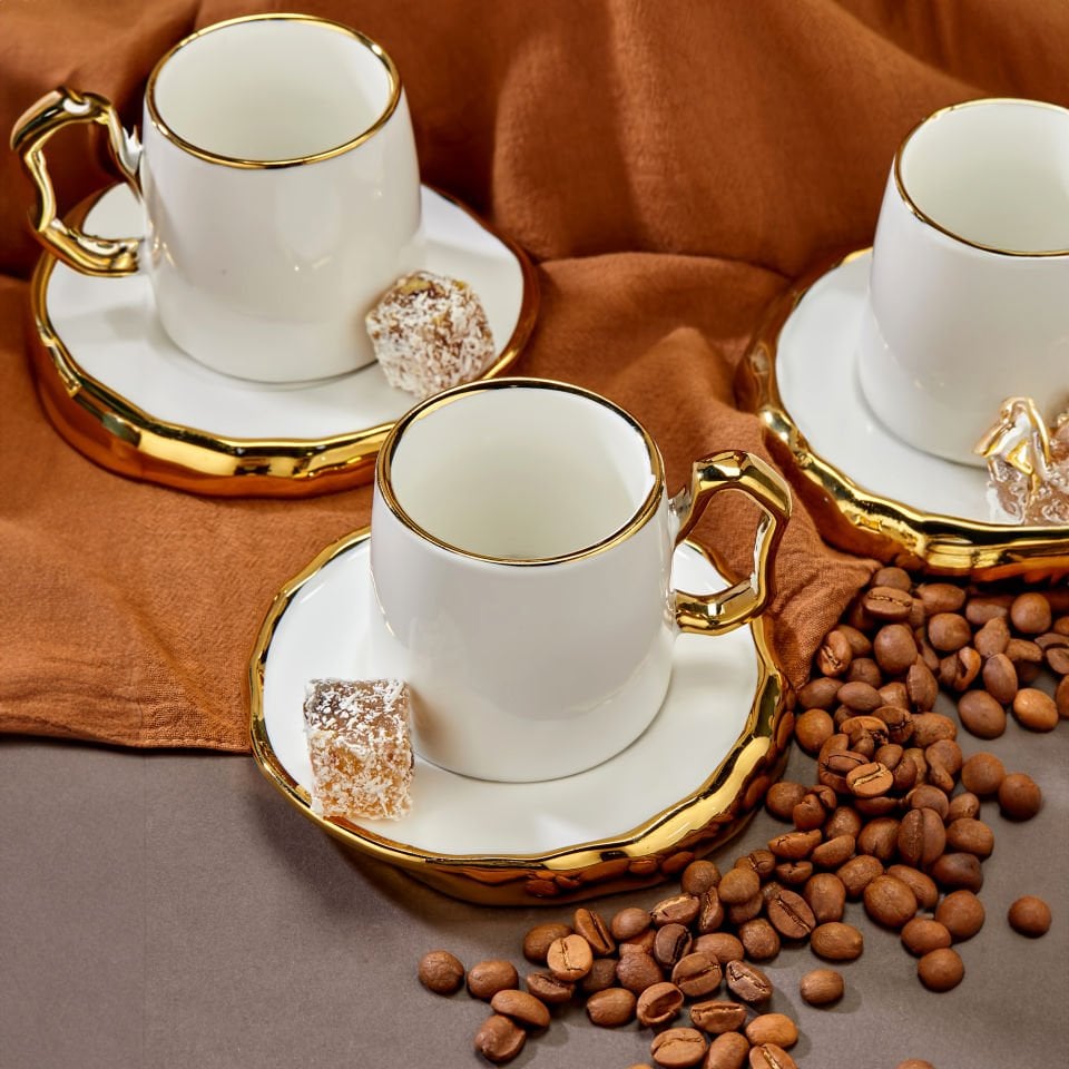 Carmen 6 Kişilik Porselen Gold Detaylı Kahve Fincan Takımı