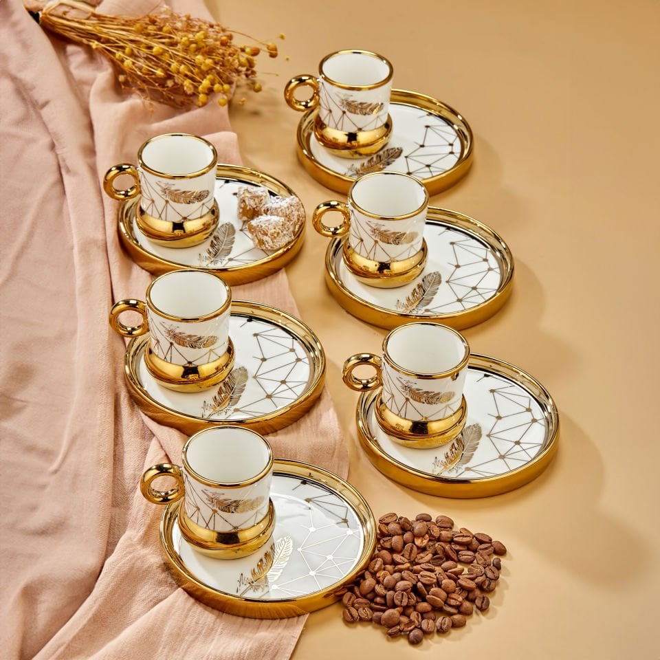 Carmen 6 Kişilik Porselen Tüy Desenli Kahve Fincan Takımı