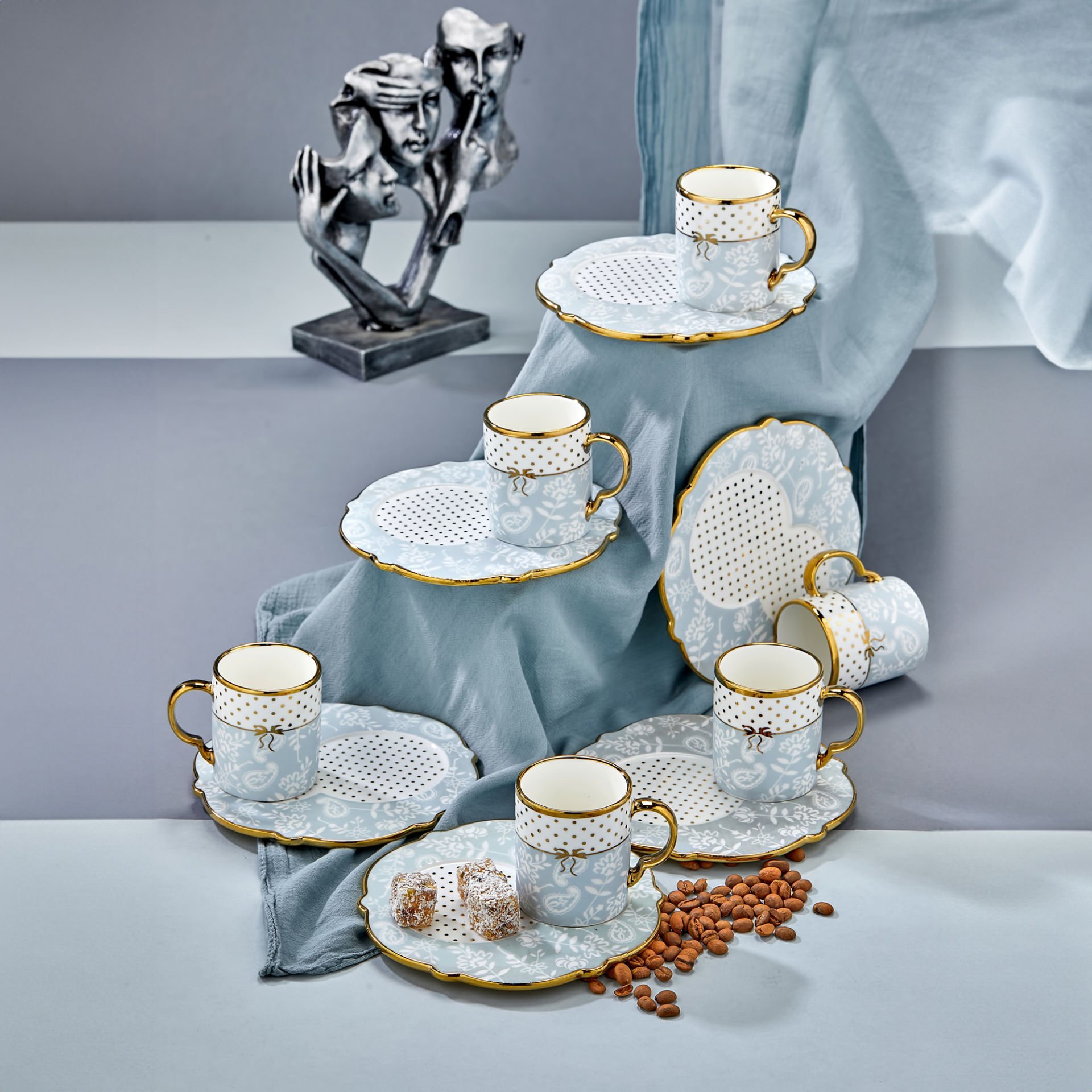 Carmen 6 Kişilik Porselen Desenli Kahve Fincan Takımı - Mavi
