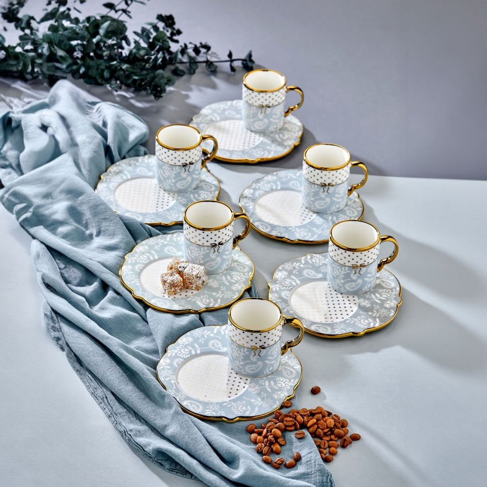 Carmen 6 Kişilik Porselen Desenli Kahve Fincan Takımı - Mavi