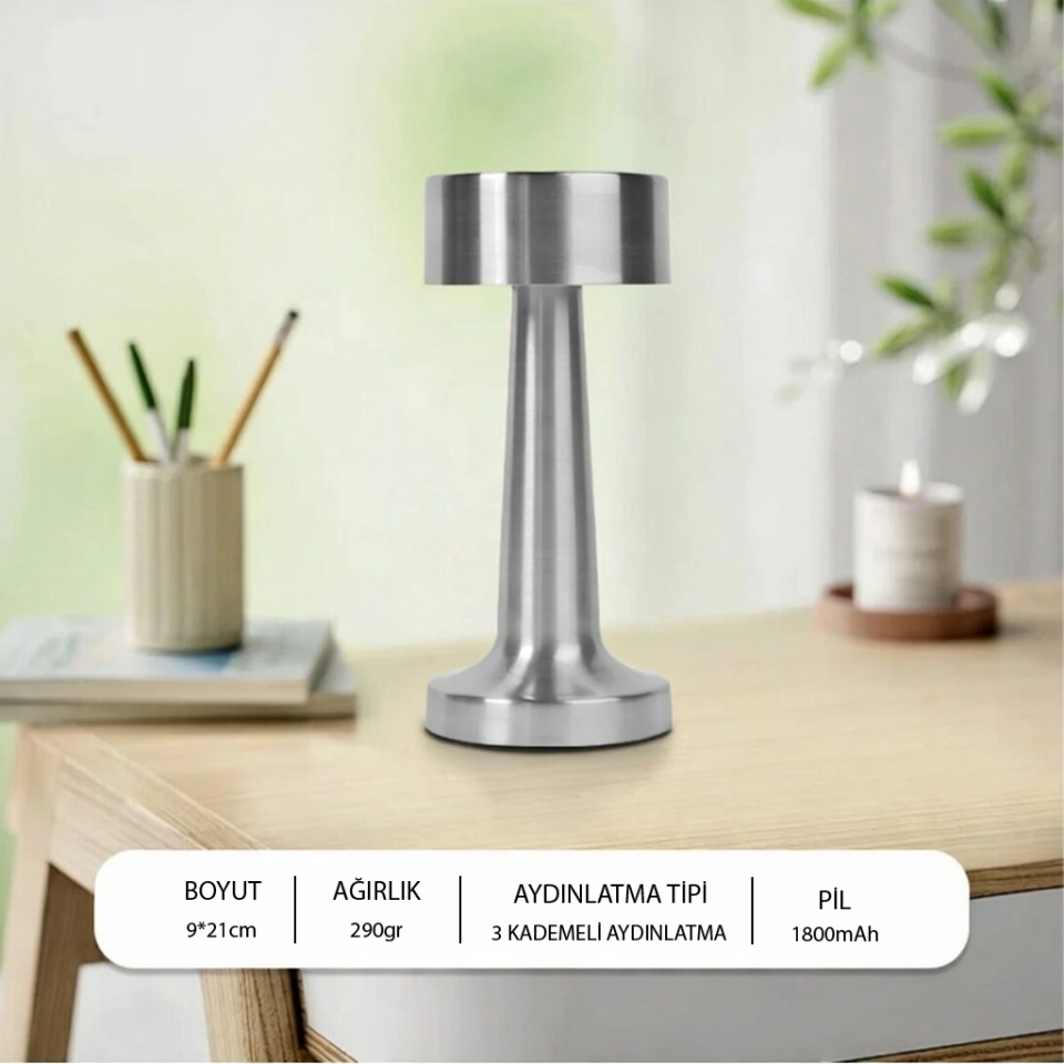 Dokunmatik LED Masa Lambası USB Şarjlı 3 Işık Modlu Gece Lambası Beyaz Metal Siyah