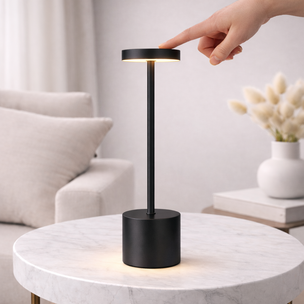 Dokunmatik Şarjlı 3 Kademeli Işıklı Led Masa Lambası Siyah Metal Modern Tasarım Siyah