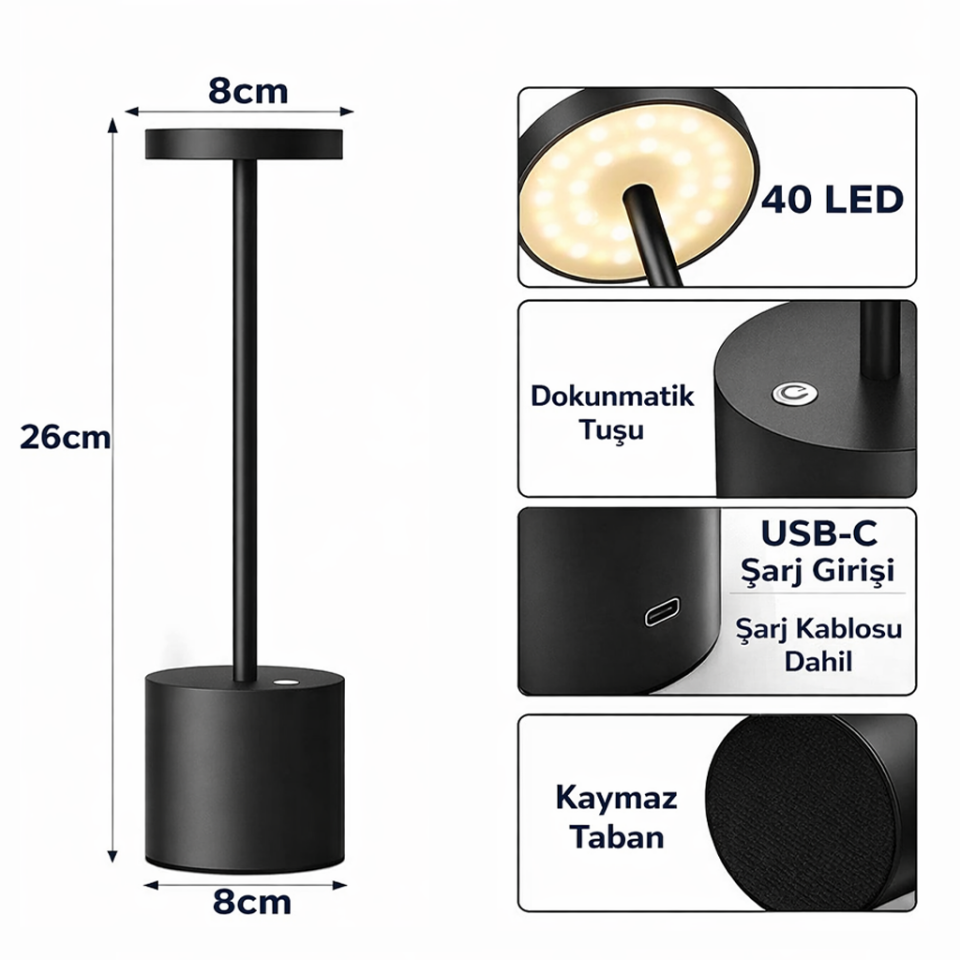 Dokunmatik Şarjlı 3 Kademeli Işıklı Led Masa Lambası Siyah Metal Modern Tasarım Gümüş
