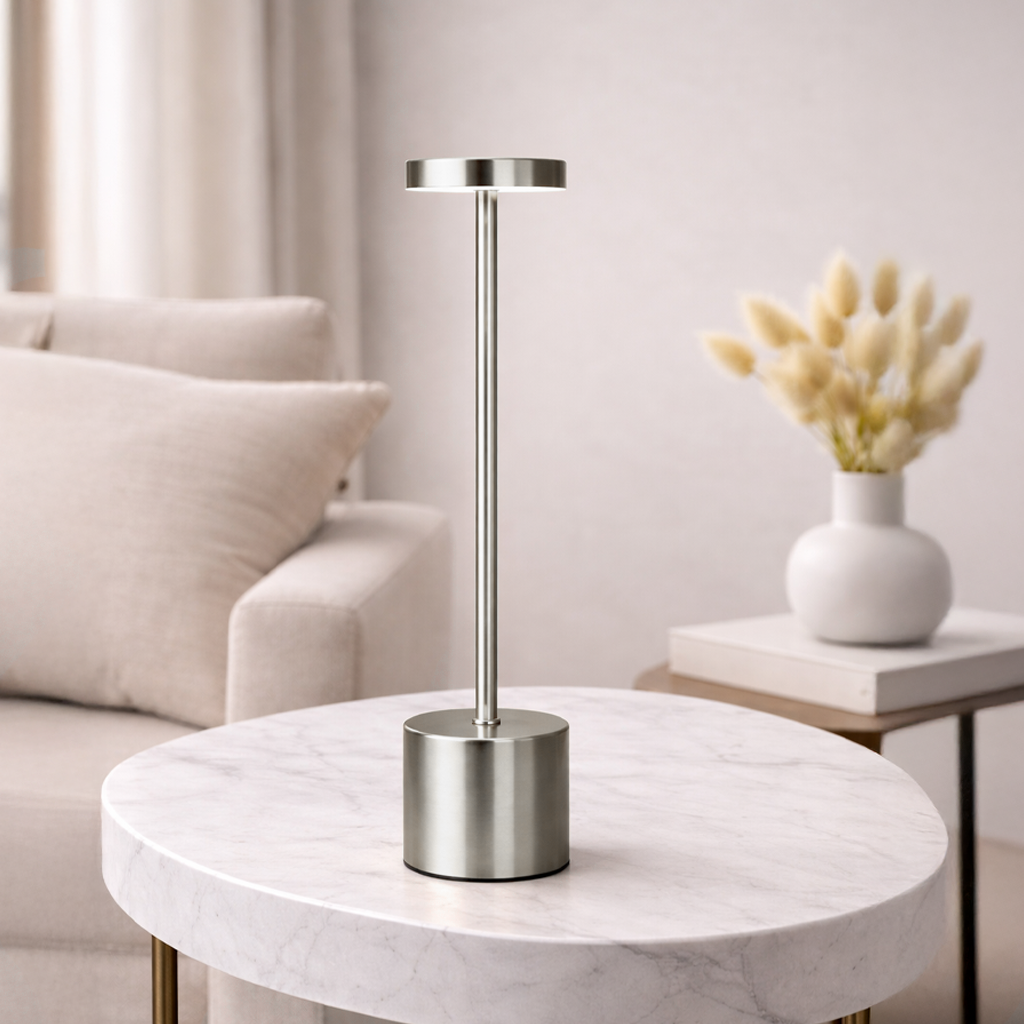 Dokunmatik Şarjlı 3 Kademeli Işıklı Led Masa Lambası Siyah Metal Modern Tasarım Gümüş